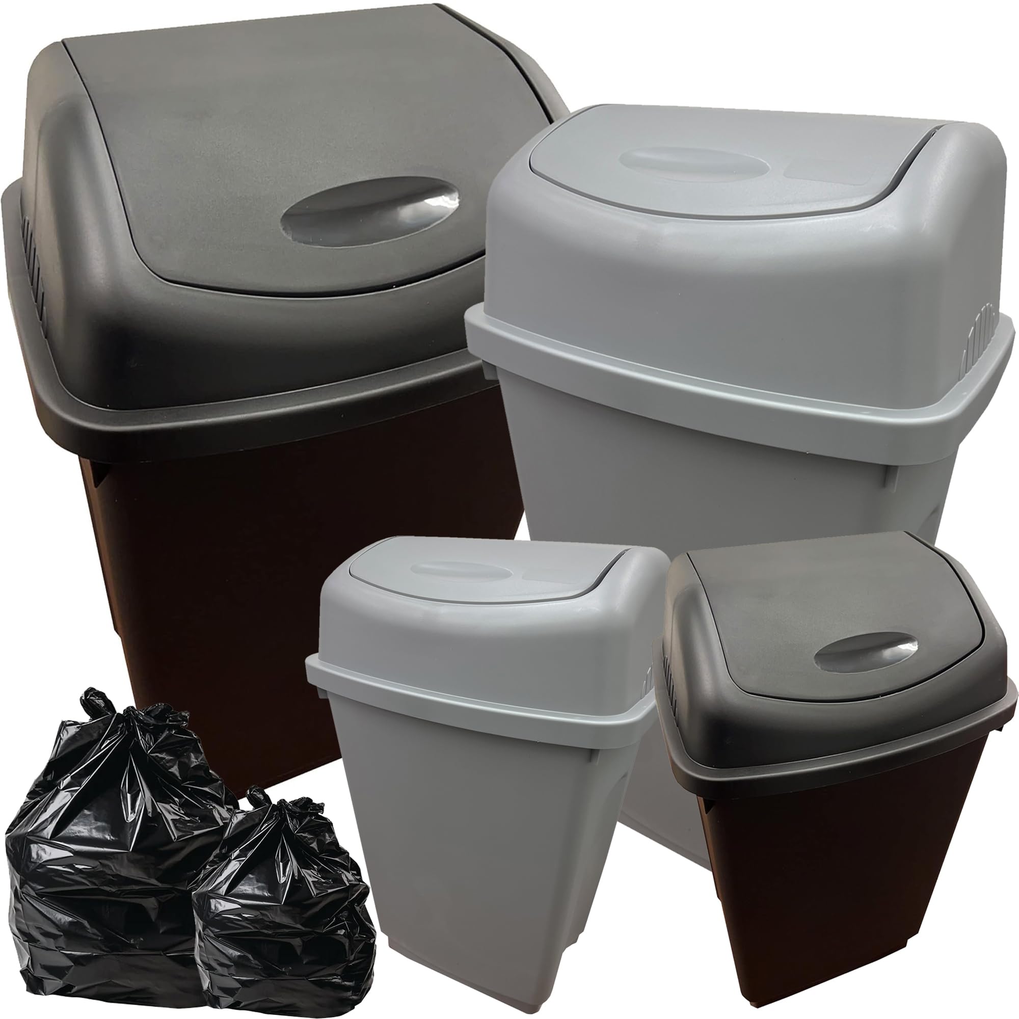 STORM TRADING GROUPBlack or Silver Plastic Swing Bin Waste Recycling Dustbins Kitchen, Office, Bathroom, Rubbish & Trash Refuse Bins (Silver, 1 x 50 Litre Bin)