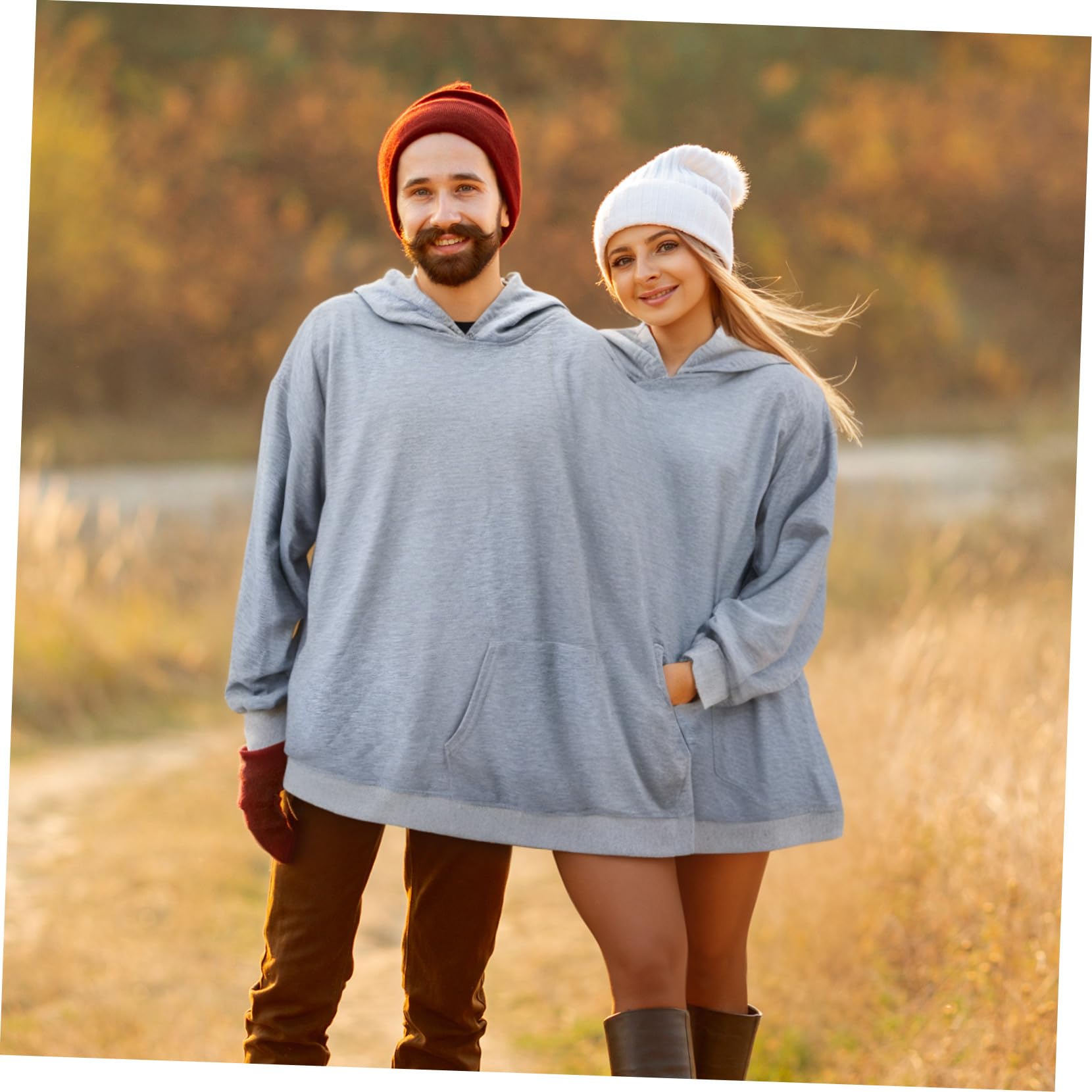 Sudadera Capucha Doble para Pareja, Oversize Gris Talla S
