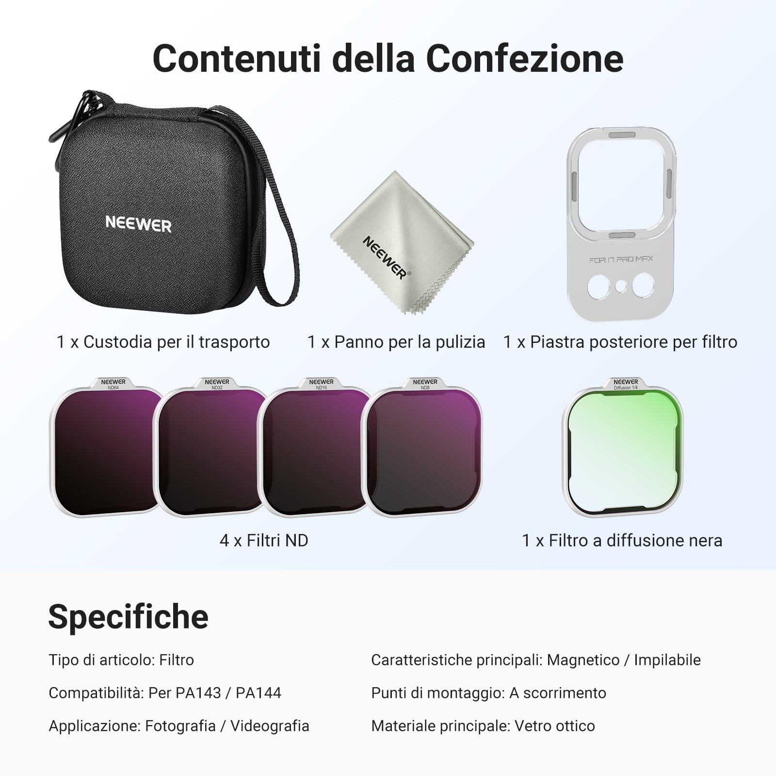 NEEWER Set Filtro ND Solo Compatibile con iPhone 17 Pro Max Case PA134 | Densità Neutra ND8/16/32/64 + Black Diffusion 1/4 Filtro Per Effetto Mist Cinematic + Backplate Magnetica, Argento