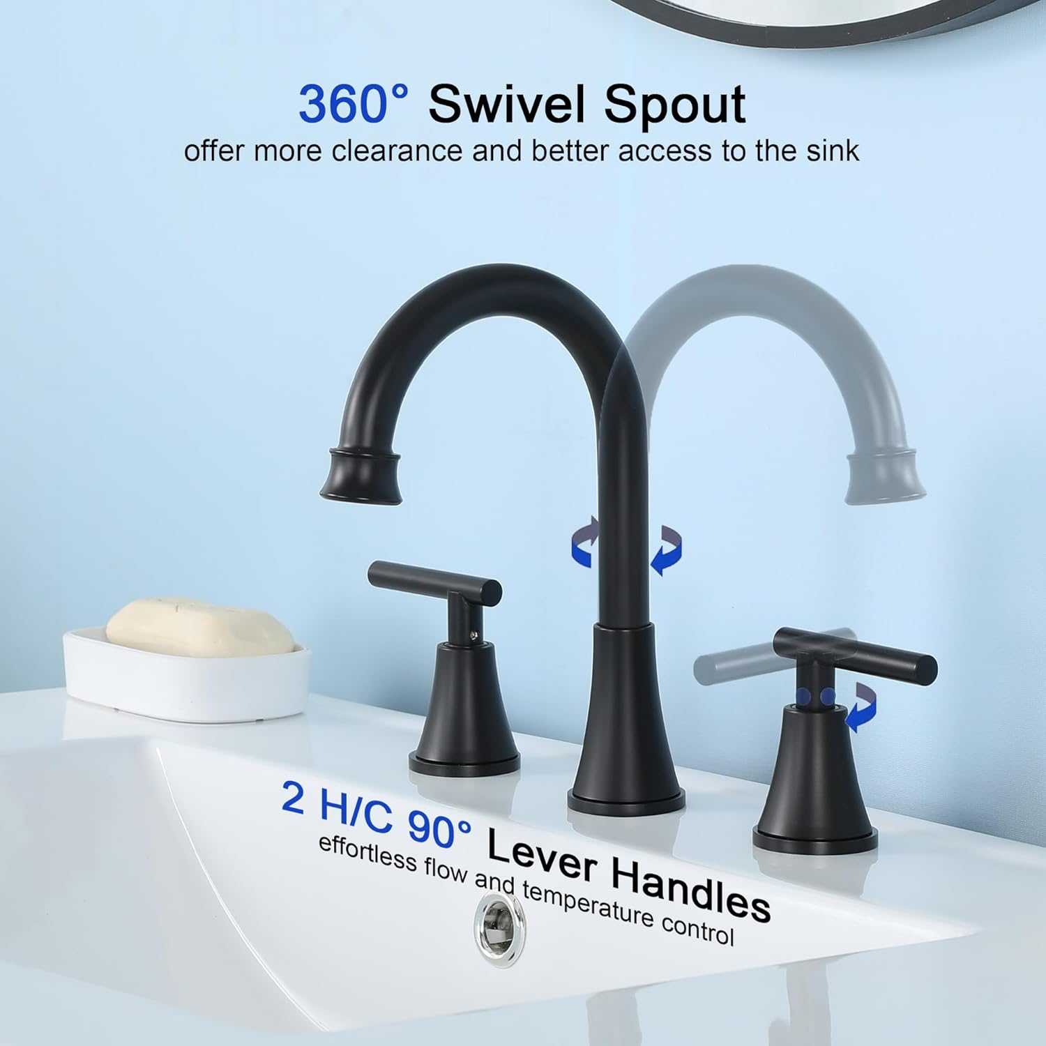 COMLLEN Black Bathroom Faucet 3 Hole Vanity,360 Degree Rotating Spout, 2 Handle 360° Swivel Matte Black 8 Inch Widespread Bathroom Sink Faucet 3 Holes, with Pop-up Drain, Supply Lines
