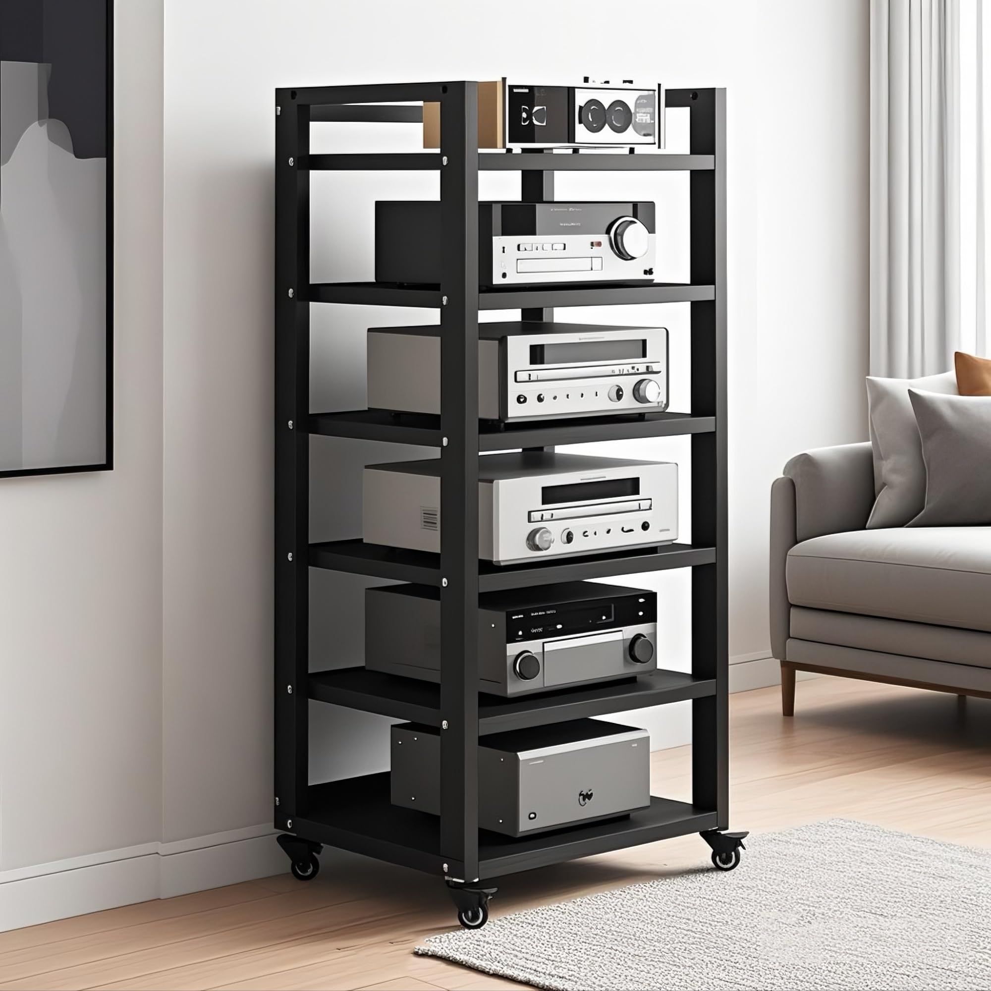 6 tier av media stand, 47in audio rack tower stereo components cabinet, home theatre cd record player stereo receiver equipment rack with adjustable wood shelves, load 400lbs (black)