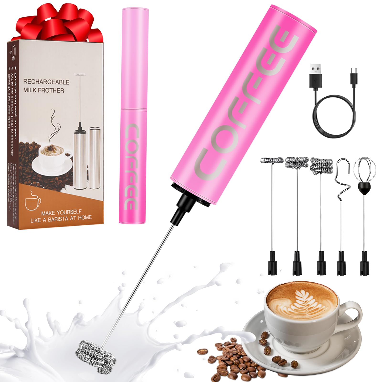 Milchschäumer Elektrisch USB-C mit 5 Wechselbaren Edelstahl-Schneebesen–2 Einstellbare Geschwindigkeiten (11.000/13.000 U/min), Wasserdichter Aufschäumer für Kaffee, Latte, Cappuccino, Matcha(Bunt 18)