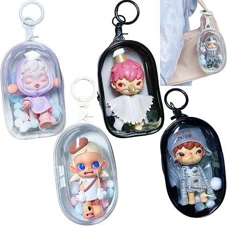Bolsa De Exhibición Transparente Con Llavero Para Muñecas Y Figuras – Tamaño 4.1×2.5×1.49 Pulgadas, Con Cremallera, Incluye 10 Pompones Decorativos, Ideal Para Cajas Sorpresa