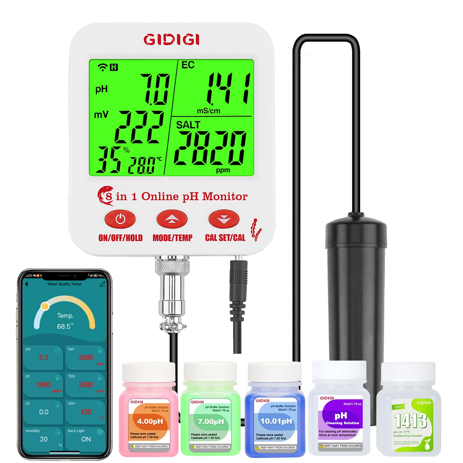 Inteligentny monitor pH i soli do akwarium 8 w 1 pH TDS EC Sól ORP Wilgotność CF Miernik temperatury do hydroponiki Monitor pH WiFi Miernik soli do akwarium hydroponicznego