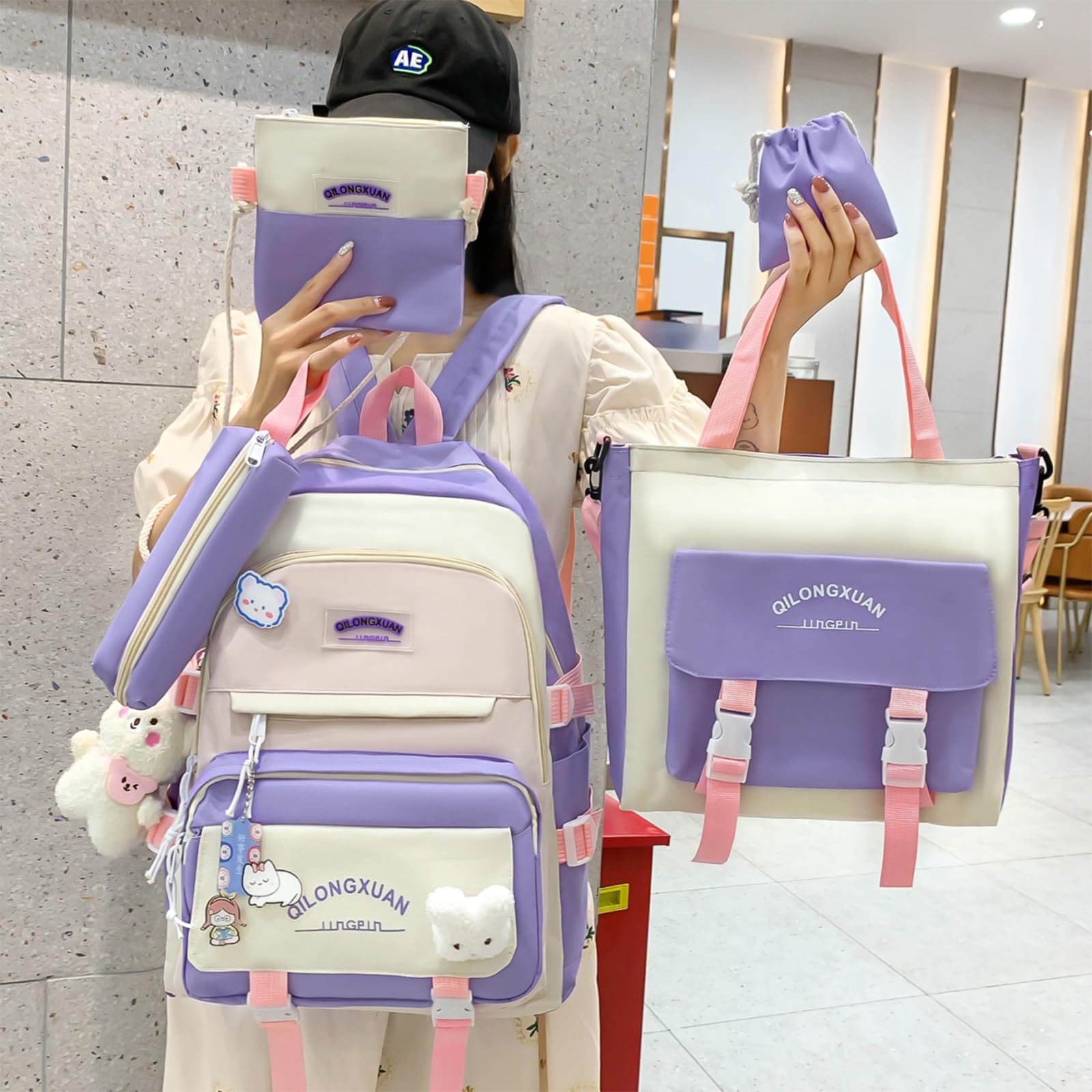 IvyH Cartable Fille Primaire 5 pièces, Sacs à Dos pour Filles 8-16ans, Sets de Sacs Scolaires avec Sac à Provisions Trousse à Crayons, Sac à Dos Voyage Kawaii 45cm, Rose