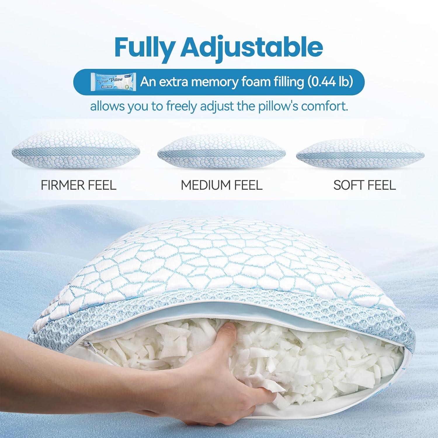 QUTOOL Double Sided Cooling Pillow for Hot Sleepers, Shredded Memory Foam Pillows Queen Size Set of 2, Adjustable Soft & Firm Gel Bed Pillow for Side, Back, Stomach Sleepers - Image 5