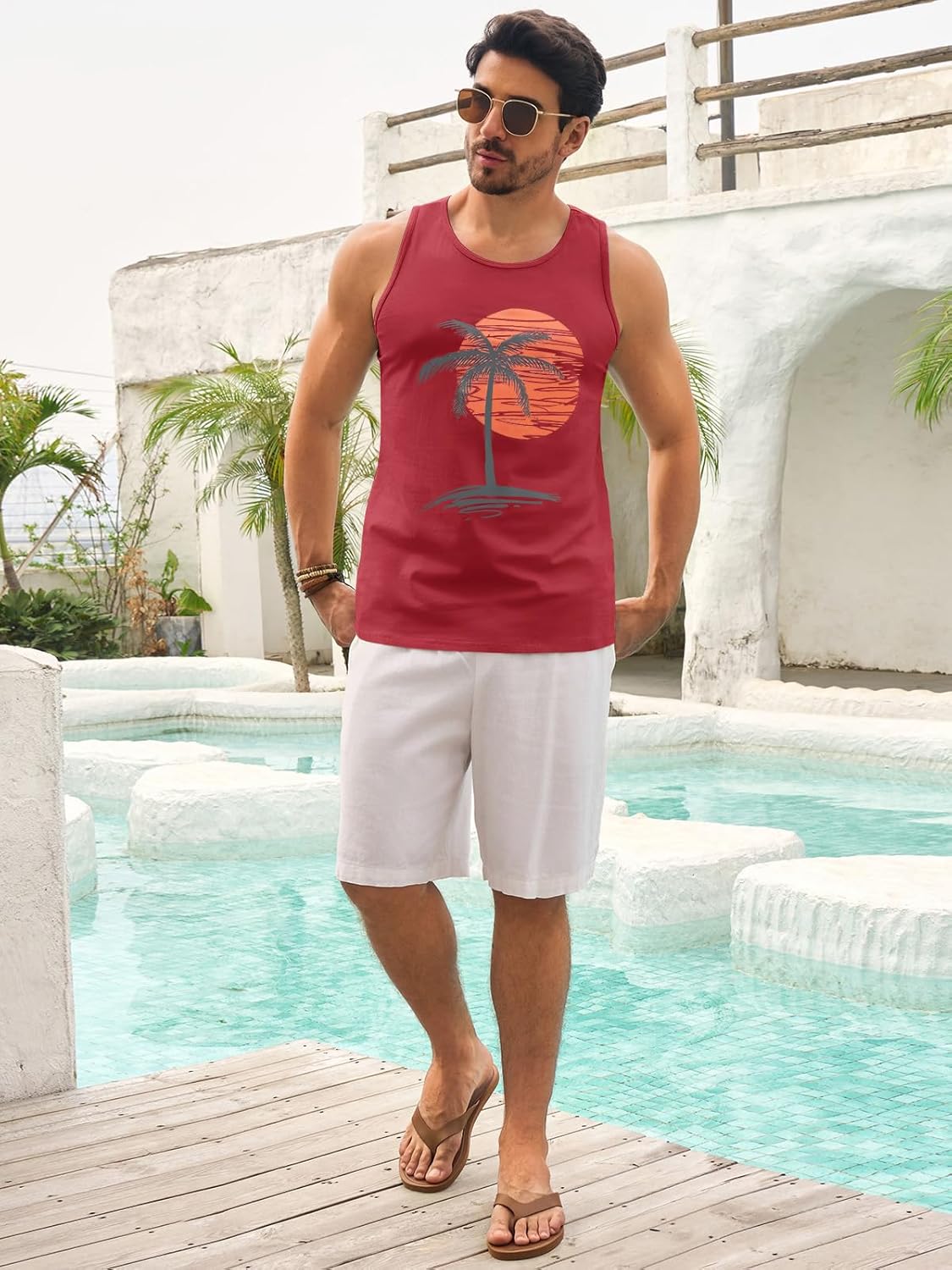 Mens Sleeveless Tank Tops Workout Gym Shirts Palm Tree Vintage Style T-Shirt - Image 4