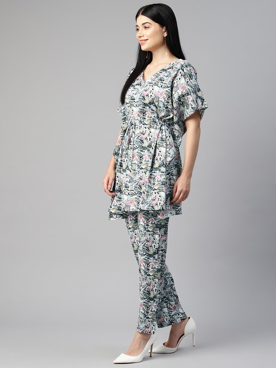 Cottinfab Women Abstract Printed Grey & Pink Drawstring Kaftan Co-ord 2