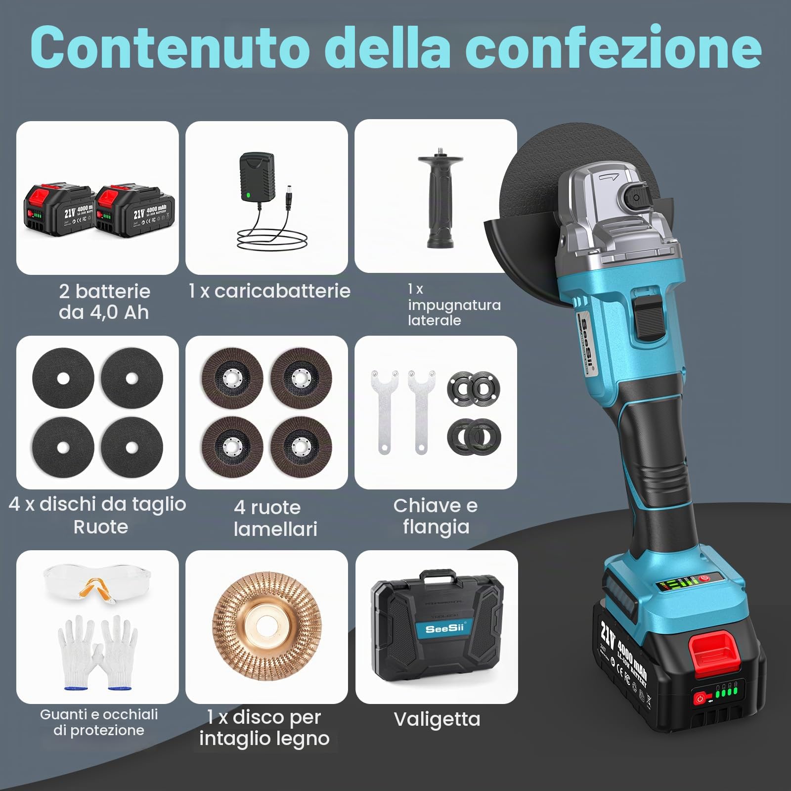 SEESII Smerigliatrice Angolare a Batteria 125mm, Smerigliatrice Angolare Senza Fili con 2 Batterie da 4000mAh, 21V Flessibile Motore Brushless 10.000 Giri/min, Dischi da Taglio