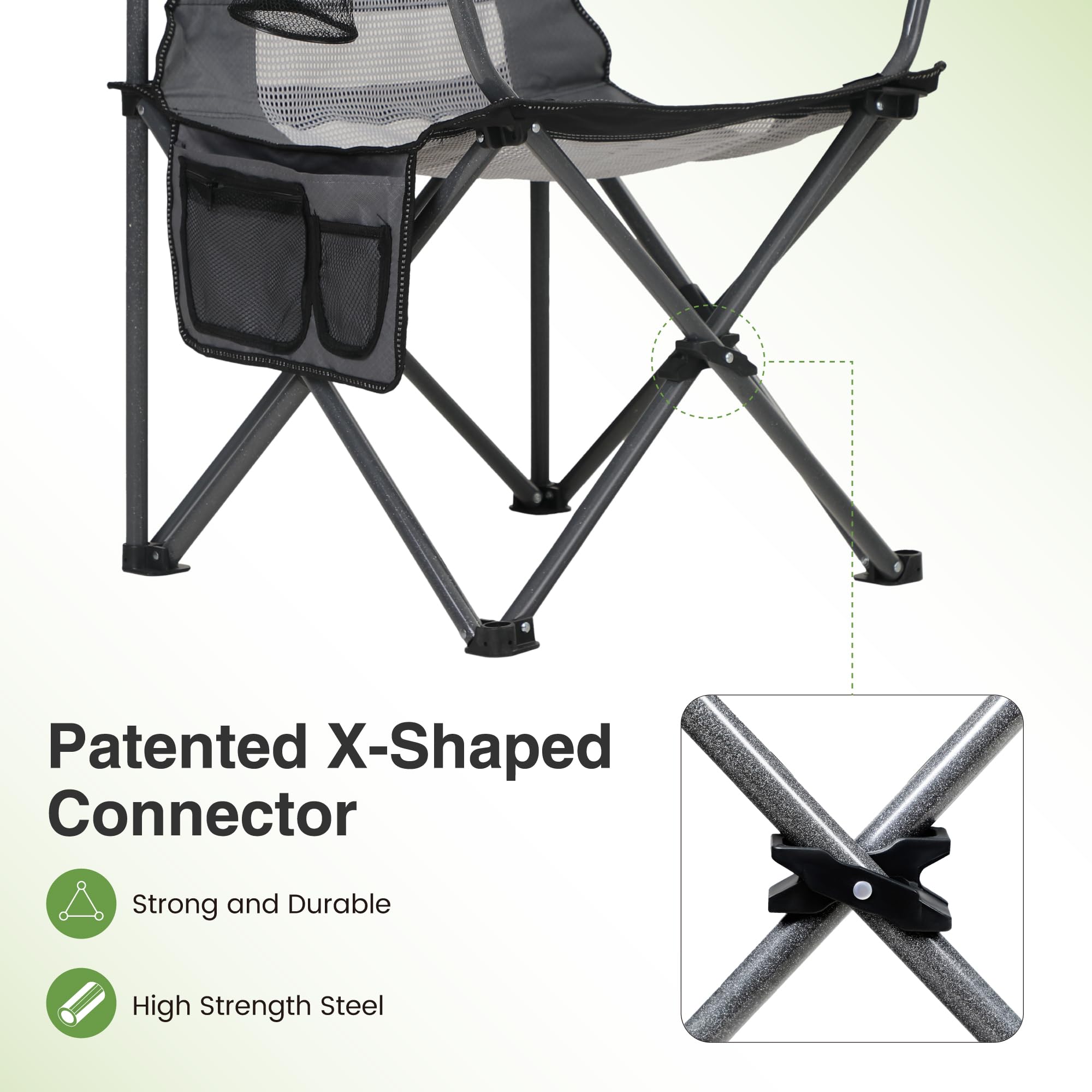 LET'S CAMP Siatkowe oparcie krzesło kempingowe, przenośne, składane, wytrzymałe krzesło na zewnątrz, 150 kg, trwałe, duże krzesło z uchwytem na kubek i torbą do przenoszenia, na kemping, wędkowanie,