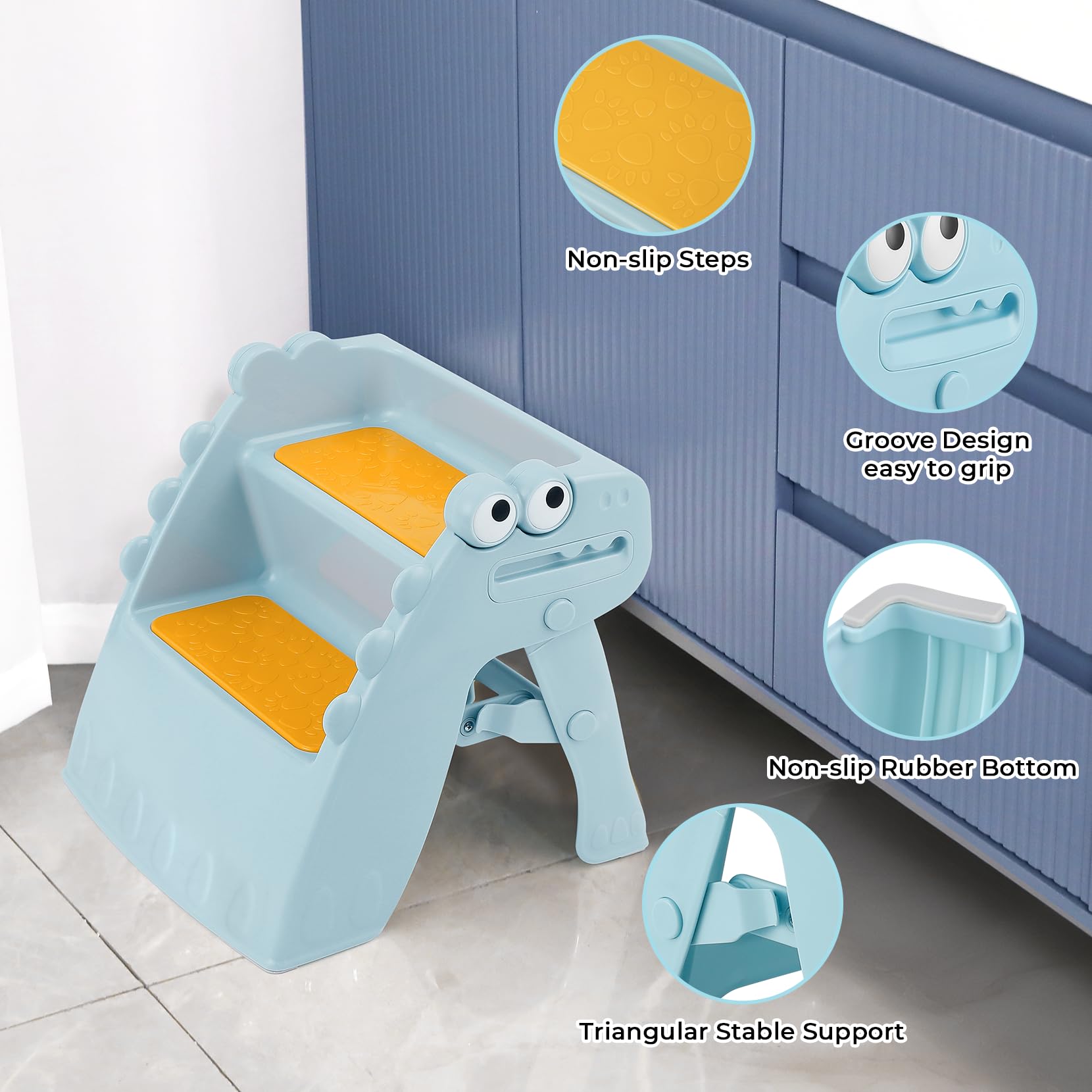 Onasti Taburete plegable para niños pequeños, taburete de 2 escalones para niños, taburete de entrenamiento antideslizante para niños, taburete plegable para baño, fregadero, encimera de cocina con