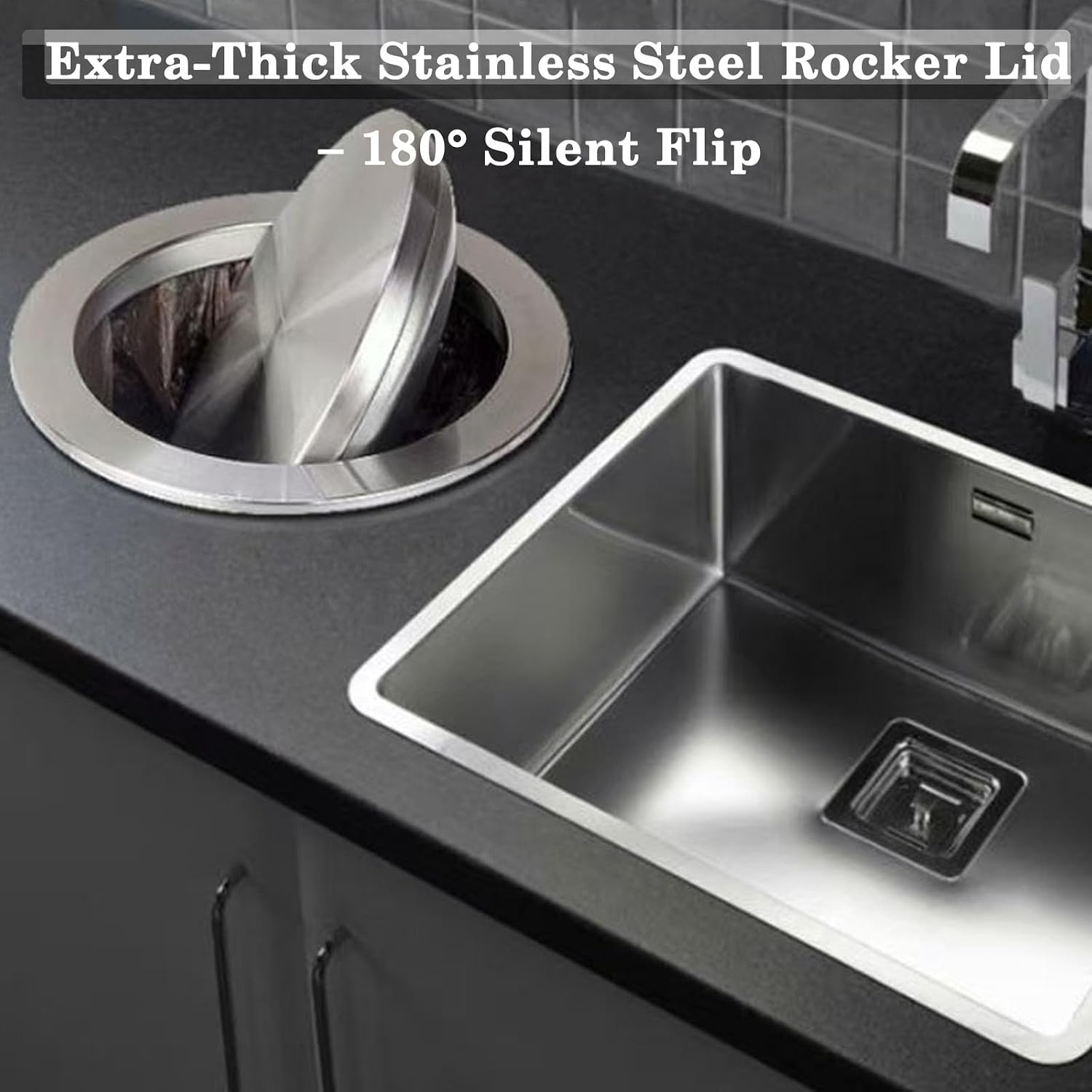 Built‑In Recessed Trash Can Lid, Stainless Steel Swing Flap Bin Cover for Kitchen Countertop Chute, Silver Embedded Wastebasket Cover to Keep Garbage Hidden to Bathroom round(D208mm/8.19in)