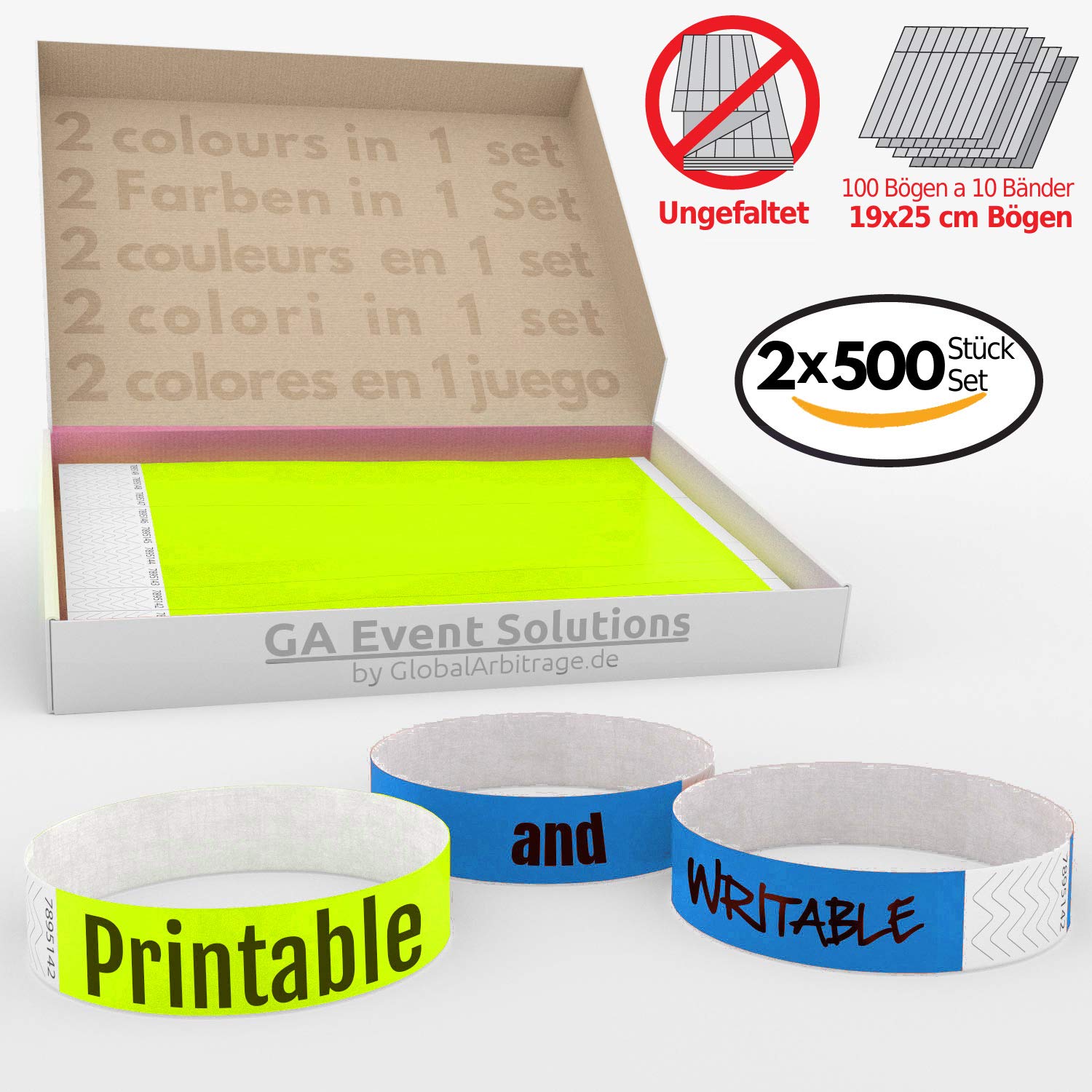 Paquete doble! Pulseras Para Eventos GA Event Solution de Tyvek, Amarillo Neón + Azul Claro, 500+500 unidades