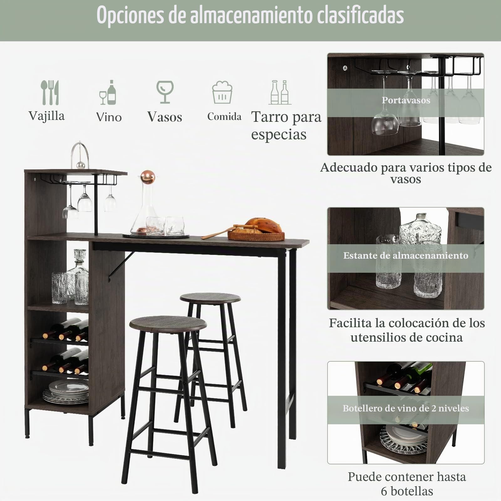 RELAX4LIFE Juego de Mesa Comedor de 3 Piezas, Mesa de Comedor con 2 Taburetes de Bar, 3 Estantes, Soportes para Copas y Portabotellas de 2 Niveles, Mesa Alta Cocina de MDF, 120x40x121,5cm (Marrón)
