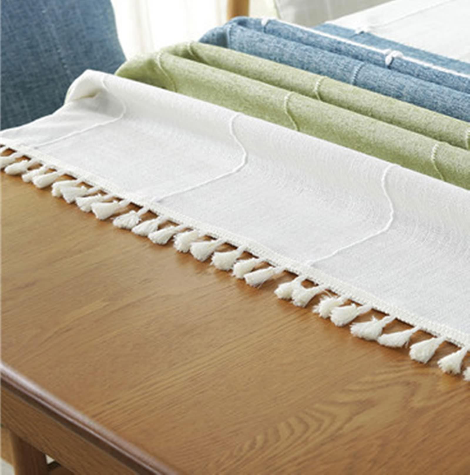 Tischdecke Rechteckig 140x140 cm, Polyester Tischtuch Abwaschbar Kariert Gestreift mit Fransen Tischwäsche für Küche Esstisch Dekoration, Grün Blau