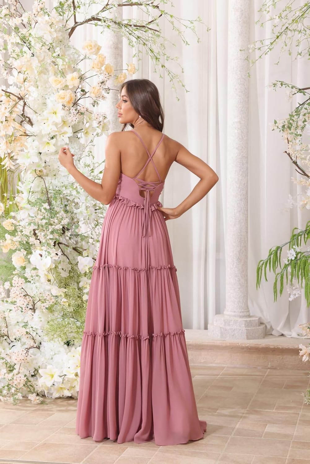 Tiered Chiffon Bridesmaid Dresses V Neck Ruched Wedding Guest Dress A Line Long Formal Gowns