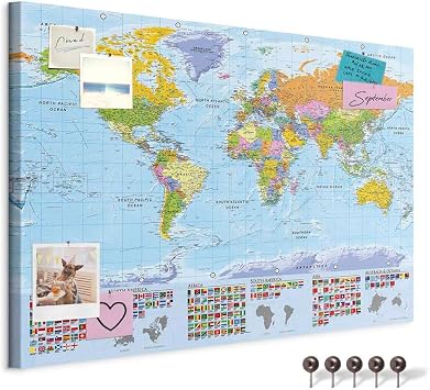 murando - Pin Board World Map 120x80 cm/48"x32" 1 piece Non-Woven Material XXL Memo Notice Board Pins Included Vision Images Pictures Home Decor Wall - Travel Gift k-A-0204-v-a