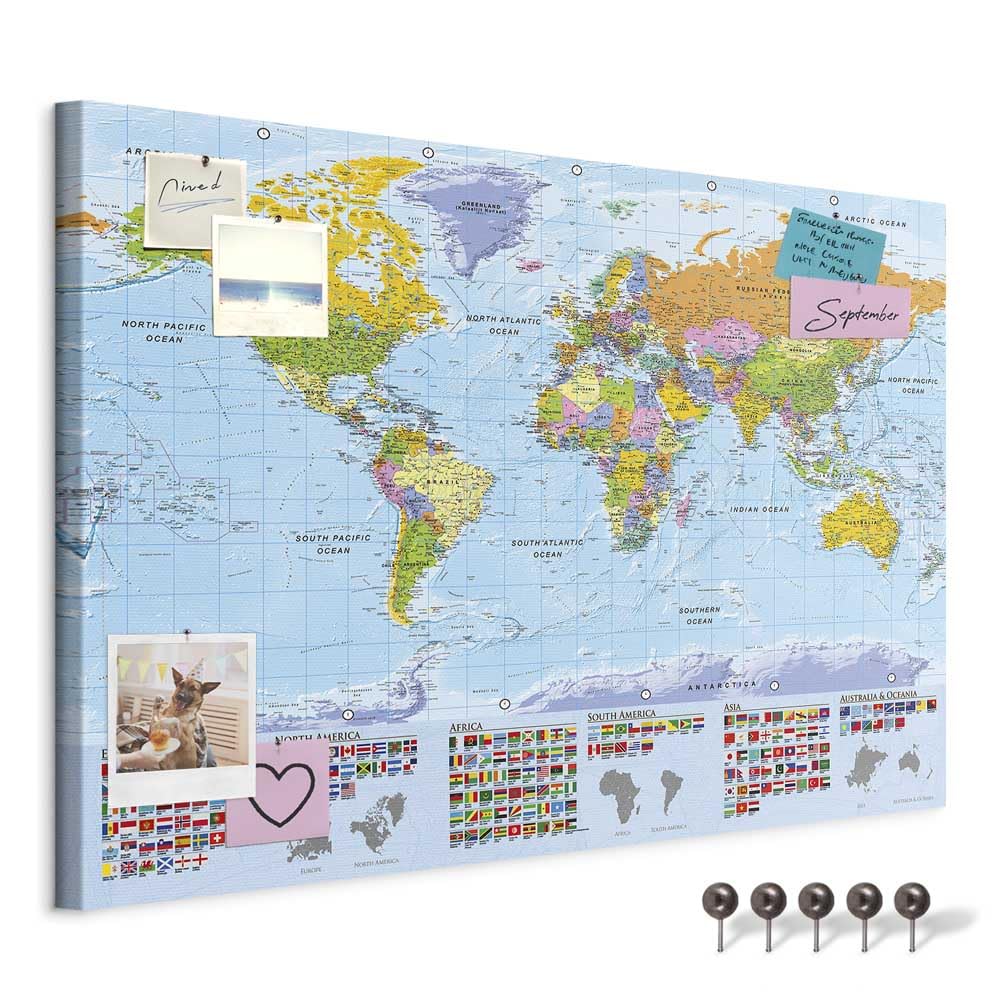 murando - Pin Board World Map 90x60 cm/36"x24" 1 piece Non-Woven Material XXL Memo Notice Board Pins Included Vision Images Pictures Home Decor Wall - Travel Gift k-A-0204-v-a