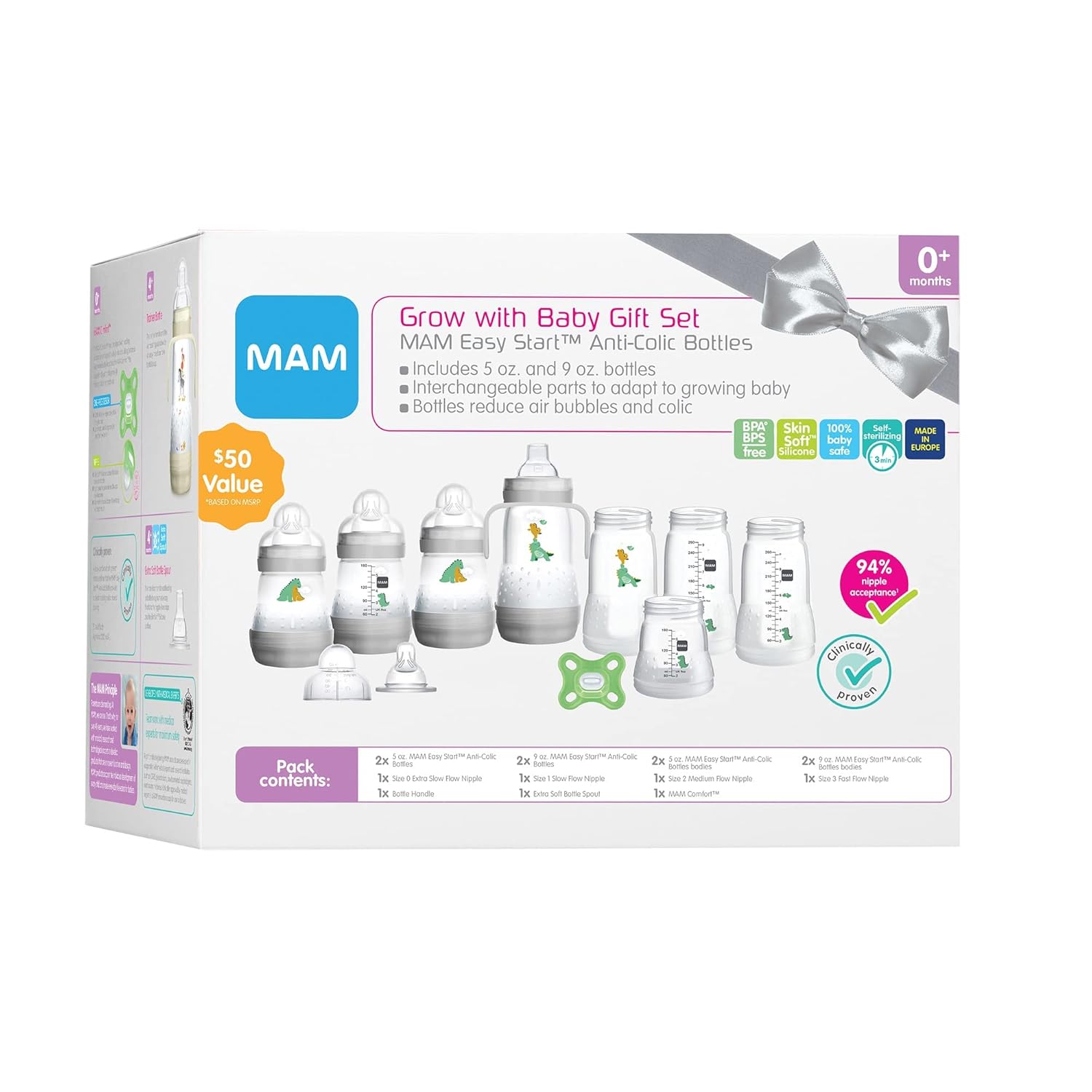 MAM Grow with Baby 15-Piece Gift Set, Newborn 0-4 Months, Anti-Colic Bottles and Silicone Nipples, Extra Slow Flow Nipple Size 0, for Newborn Babies and Older