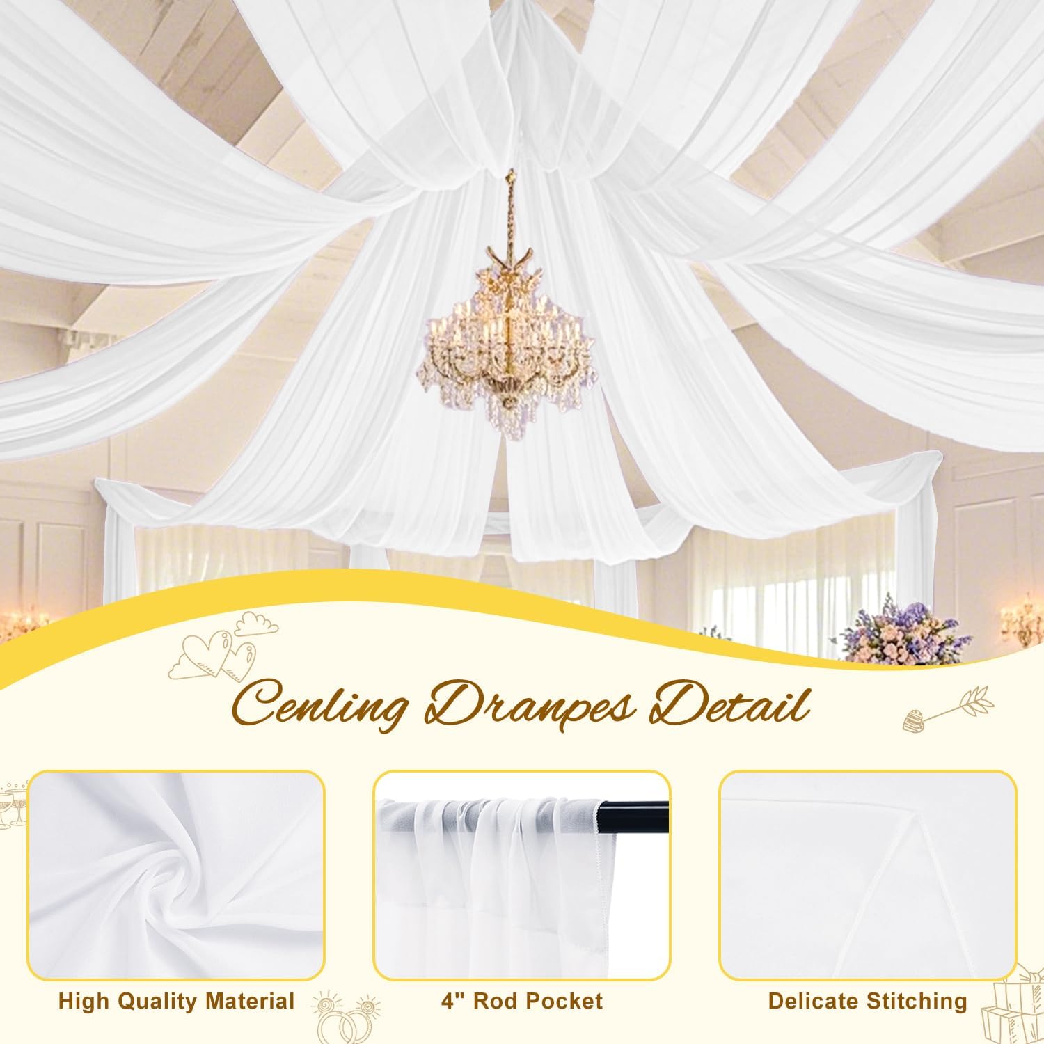 FOTSHARER White Ceiling Drapes Hanging Kit Chiffon Sheer Ceiling Drape 6 Panels 5FT x 10FT Wedding Ceiling Decor Arch Draping Fabric with Metal Ceiling Hanging Hook for Party Ceremony Stage Decoration