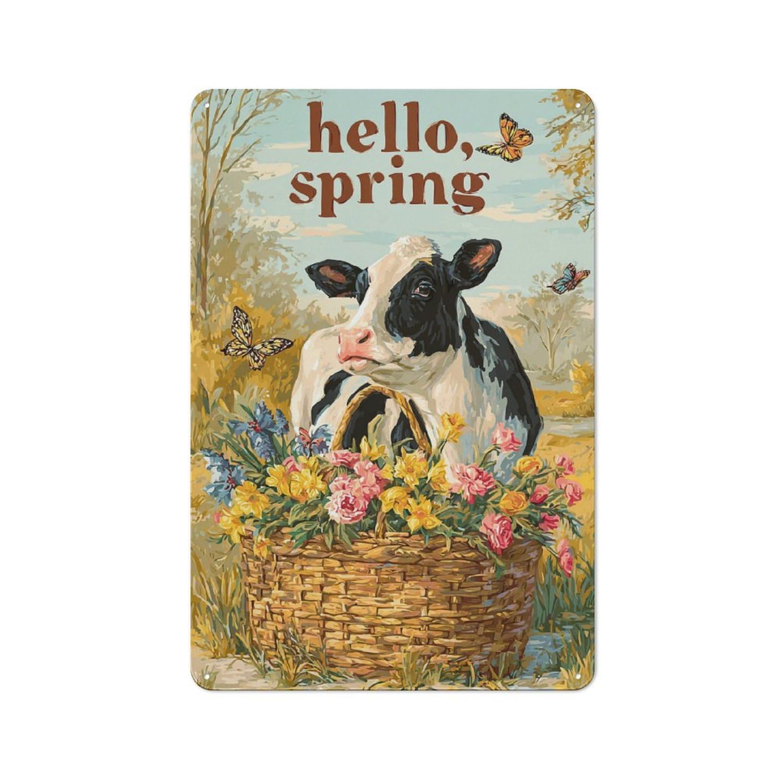 Junmoney Spring Cow & Flowers Tin Wall Plaque 30X20cm With For Bar Or Restaurant, Autumn Wall Decor For Hospitality Decor Collectors