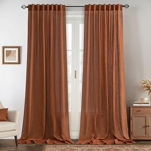 Miniatura 1 de MIULEE Cortinas de lino de 84 pulgadas de largo para sala de estar, 2 paneles, bolsillo para barra de terracota con pestaña trasera, filtrado de