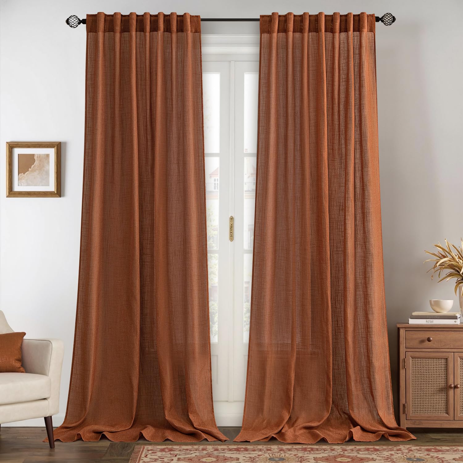 MIULEE Linen Curtains 96 Inch Length for Living Room 2 Panels, Terracotta Rod Pocket Back Tab Light Filtering Semi Sheer Boho Soft Linen Window Fall