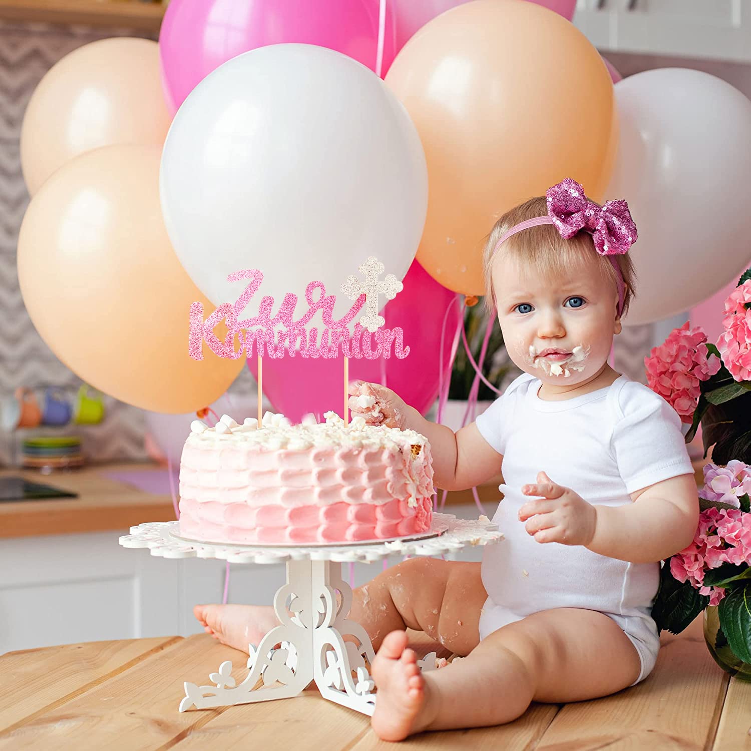 Set Di 13 Topper Per Torta Di Prima Comunione Per Bambina, Rosa Glitter, Con Croci E Pesci, Decorazione Per Torte E Cupcake