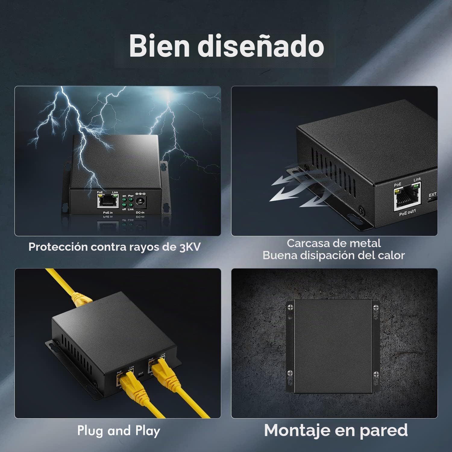 Gigabit PoE Extender, 1 PoE en 2 PoE out, IEEE802.3af/at/BT PoE Powered MAX 60W, Hi-PoE 90W, 10/100/1000Mbps Ethernet, Metal Pequeño Montaje en Pared PoE Extender / Inyector / Extensor de Red