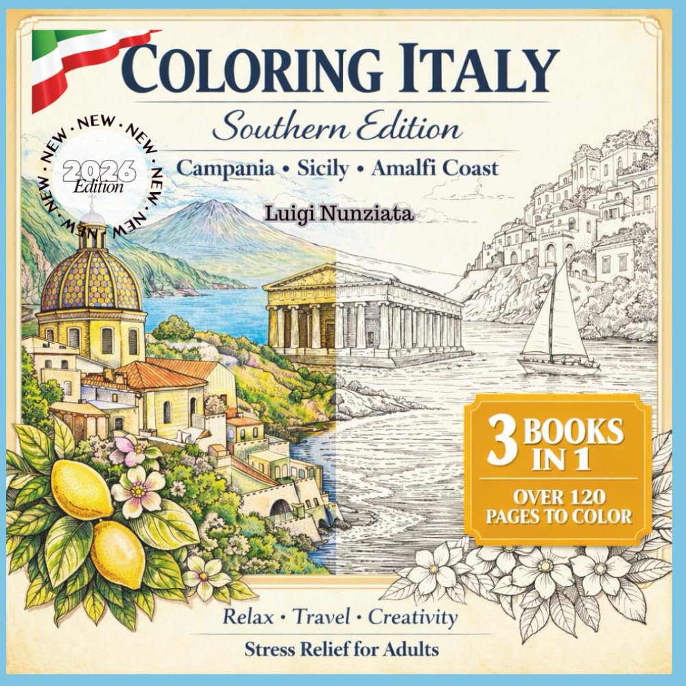 Coloring Italy – Southern Edition Bundle 3 Books: Campania · Sicily · Amalfi Coast