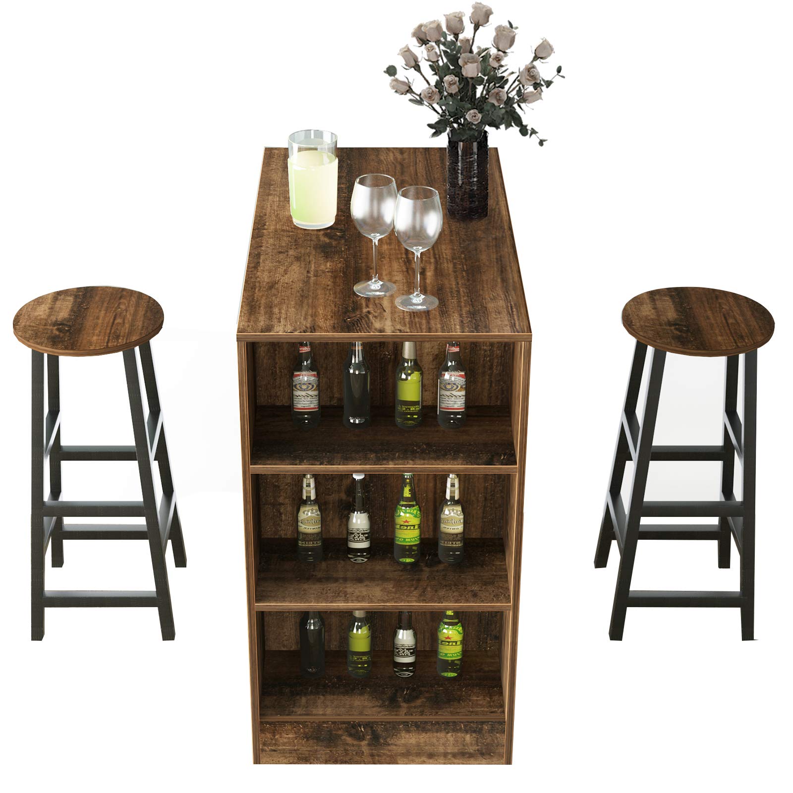 SDHYL Bar Table Set with 2 Bar Stools High Top Table 3 Storage Shelves Pub Dining Table Breakfast Bar Table for Kitchen, Dining Room, Living Room and Party Room, Rustic Brown, S7-DX- Z813FG-US