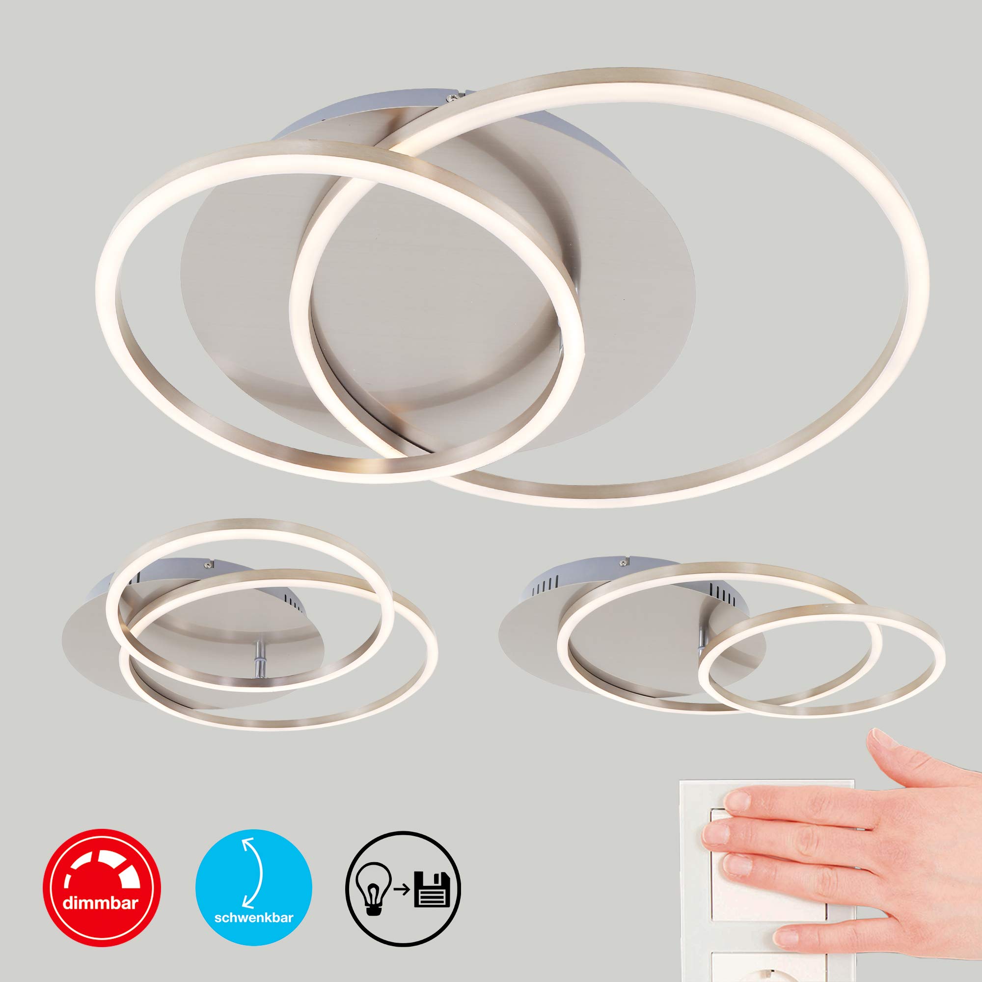 BrilonerLeuchten LED Ceiling Light, Dimmable Ceiling Lamp Incl. Memory Function, Rotatable, 3, 200 Lumens, Matt Nickel, Ø 30cm, 40W