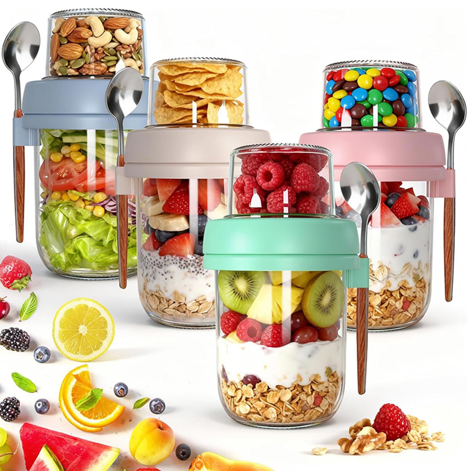 Set di contenitori in vetro con scomparto a strati, cucchiaio e coperchio per bevande calde e fredde, ciotole per la colazione, set di bicchieri in vetro isolati