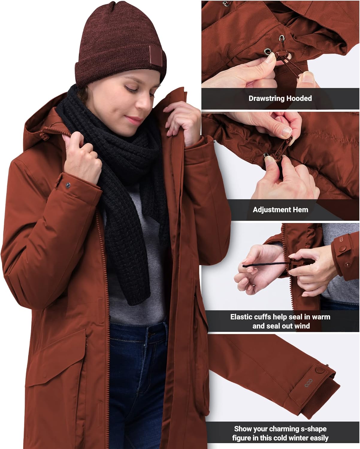 33,000ft Women's Waterproof Insulated Coats with Hood Long Rain Jackets Thicken Warm Winter Coats Windproof Jacket for Travel - Image 4