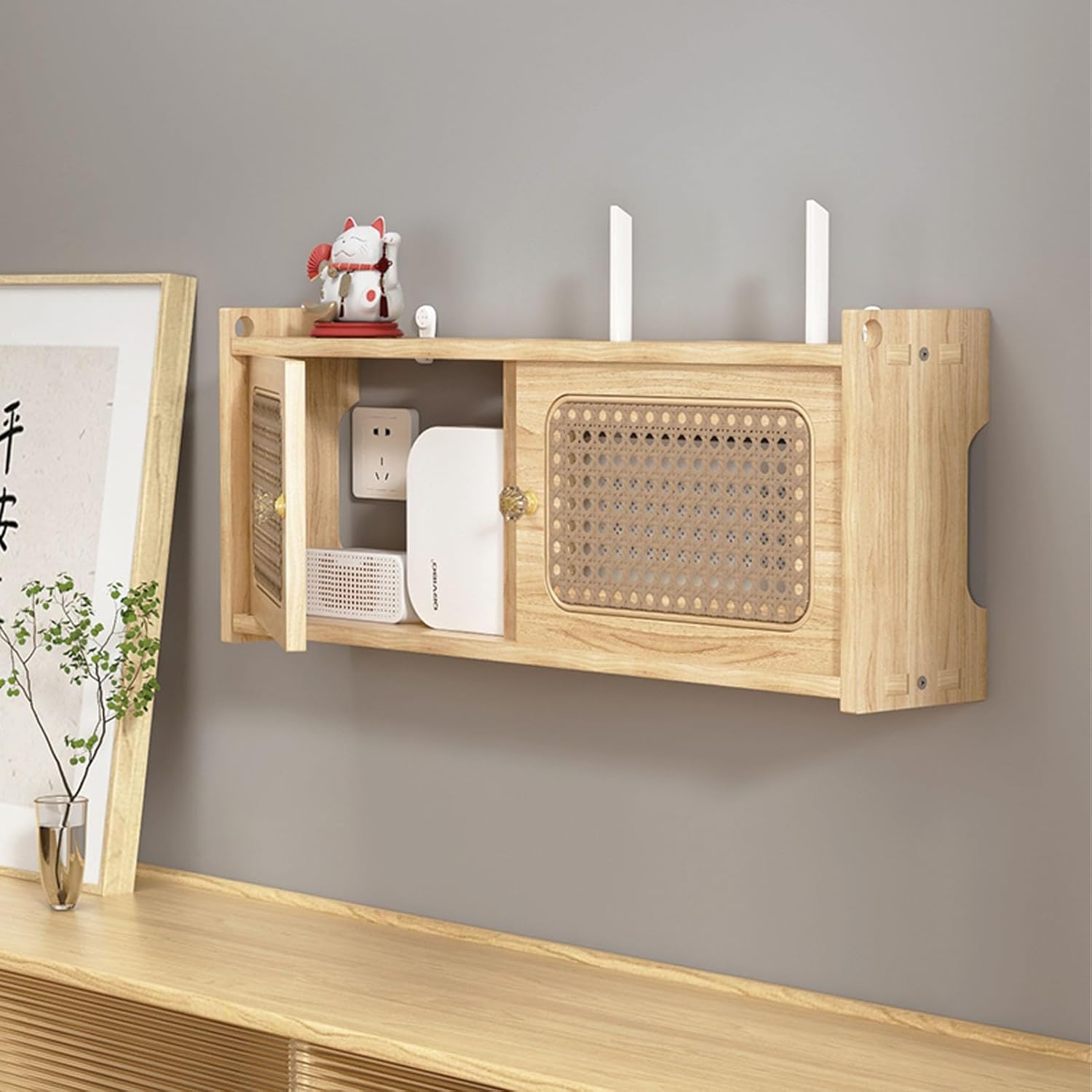 Wall Mount Router Shelf, WiFi Router Storage Box, Media Storage Cabinet for Home, Covers Electrical Boxes, Holds Idle Items, Natural Wood, 40cm/15.7in