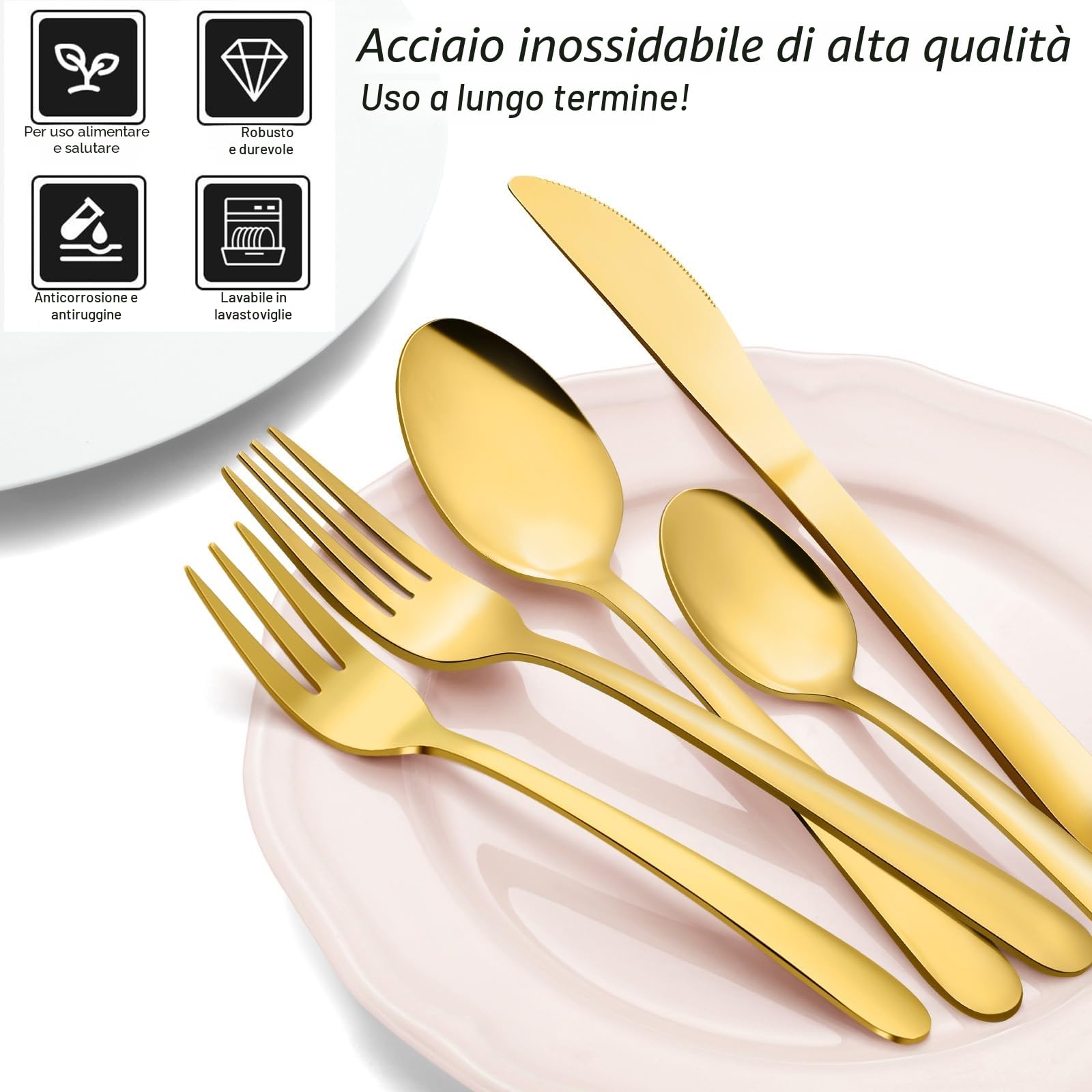 Set posate 12 persone, Pleafind 72 pezzi set di posate oro, posate acciaio inox con coltelli da bistecca, incluse forchette, cucchiai, coltelli, lavabili in lavastoviglie