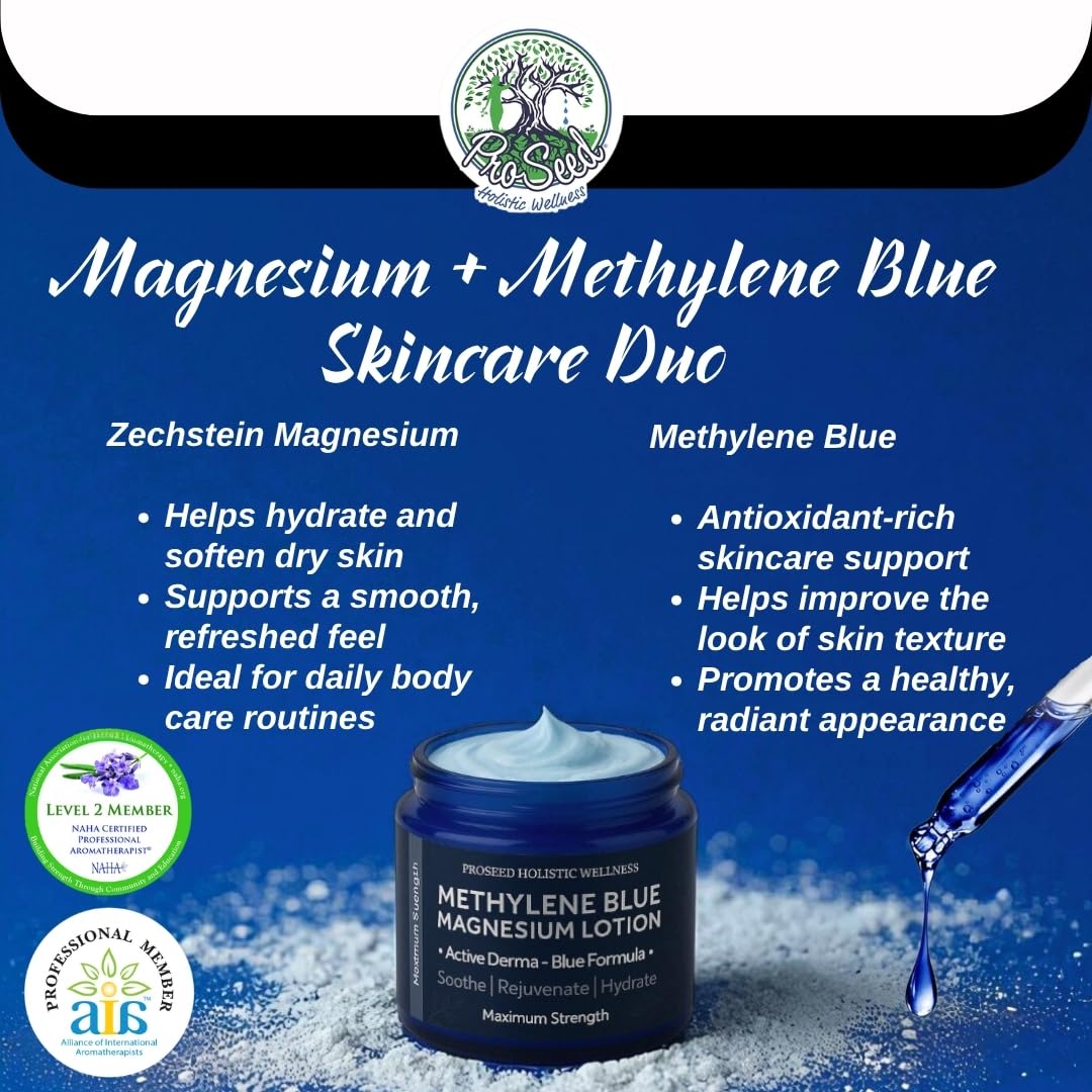ProSeed Magnesium Lotion with Methylene Blue – Hydrating Face & Body Moisturizer with Yarrow, Turmeric, Chamomile & Vitamin E – Fast-Absorbing Cream for Dry Skin, Family-Friendly, 2 oz