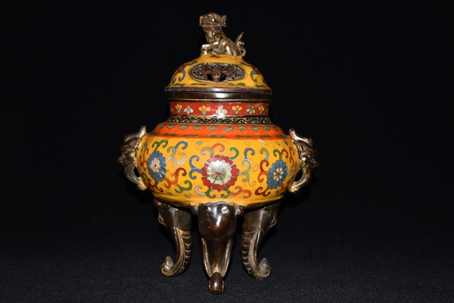 10" Tibetan Temple Collection Old Bronze Cloisonne Enamel Lion Animal Head Three-Legged Incense Burner Ornament Town House Exorcism
