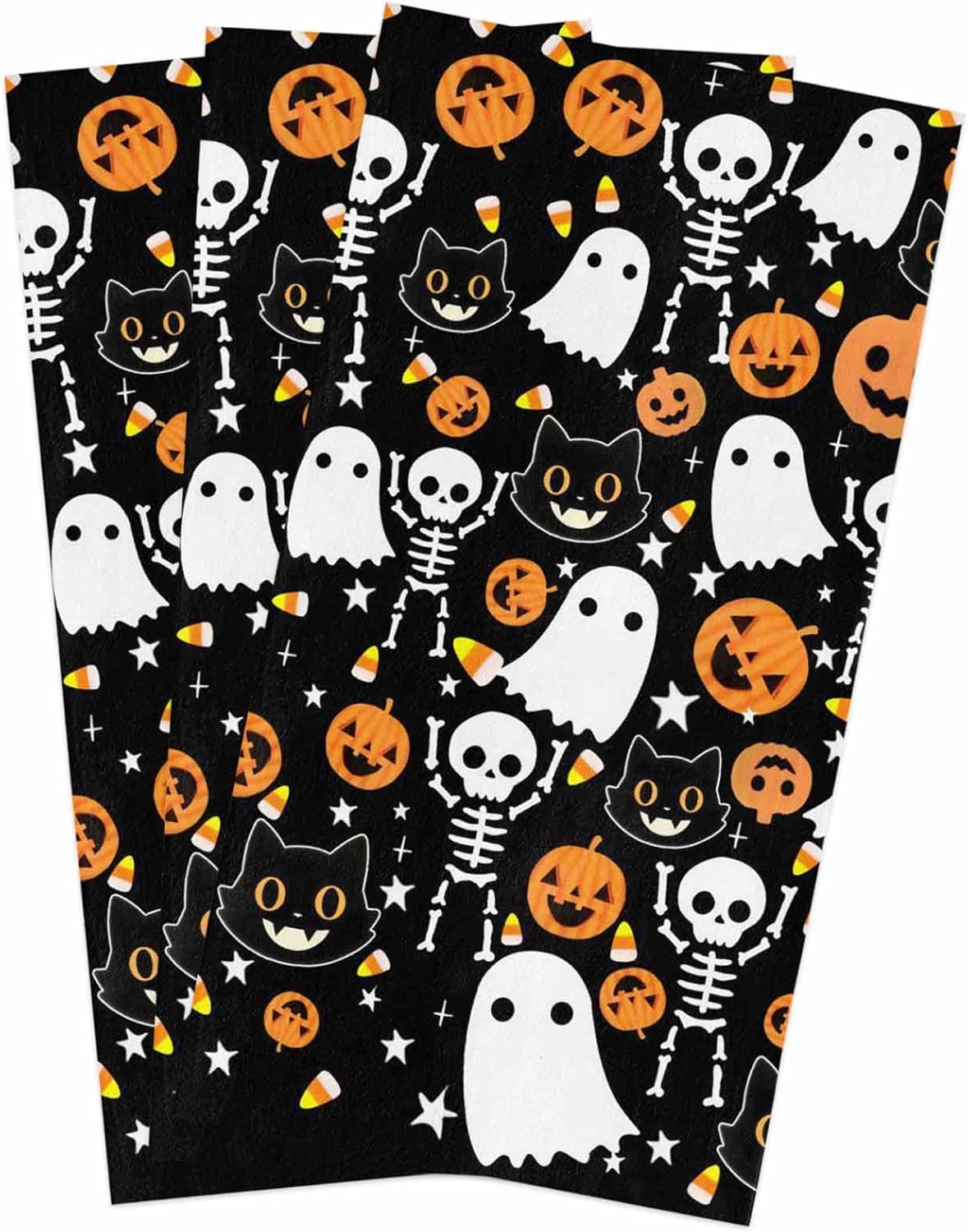 Halloween Kitchen Towels 3 Pack Dish Towels for Kitchen, Orange Spooky Pumpkins White Ghost Absorbent Microfiber Hand Towel for Bathroom, Halloween Funny Black Cat Soft Tea & Bar Towel, 18 x 28 Inch