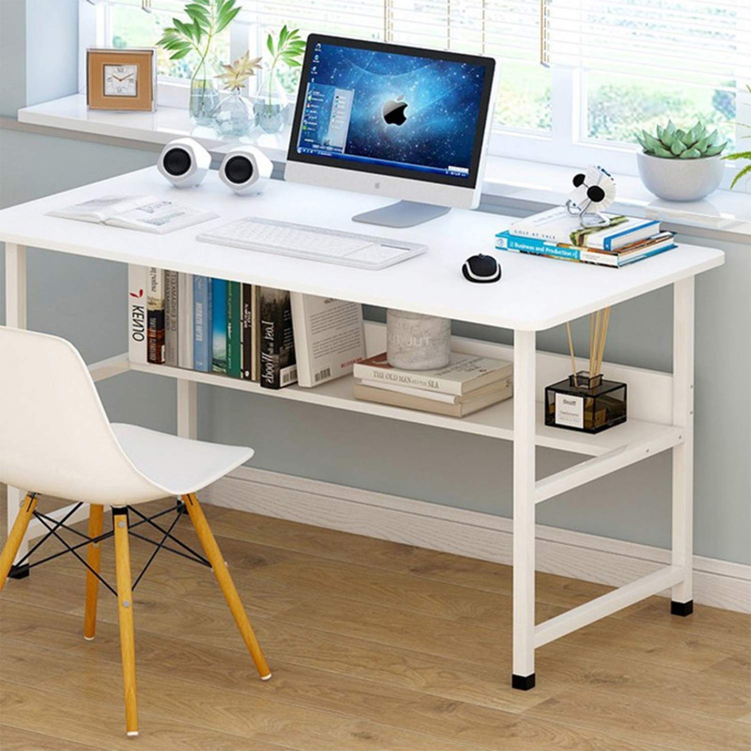 Jantens Computer Desk with Bookshelf, Modern Sturdy Office Desk Study Table for Home Office Bedroom Living Room White 120 * 45 * 73cm-FB12