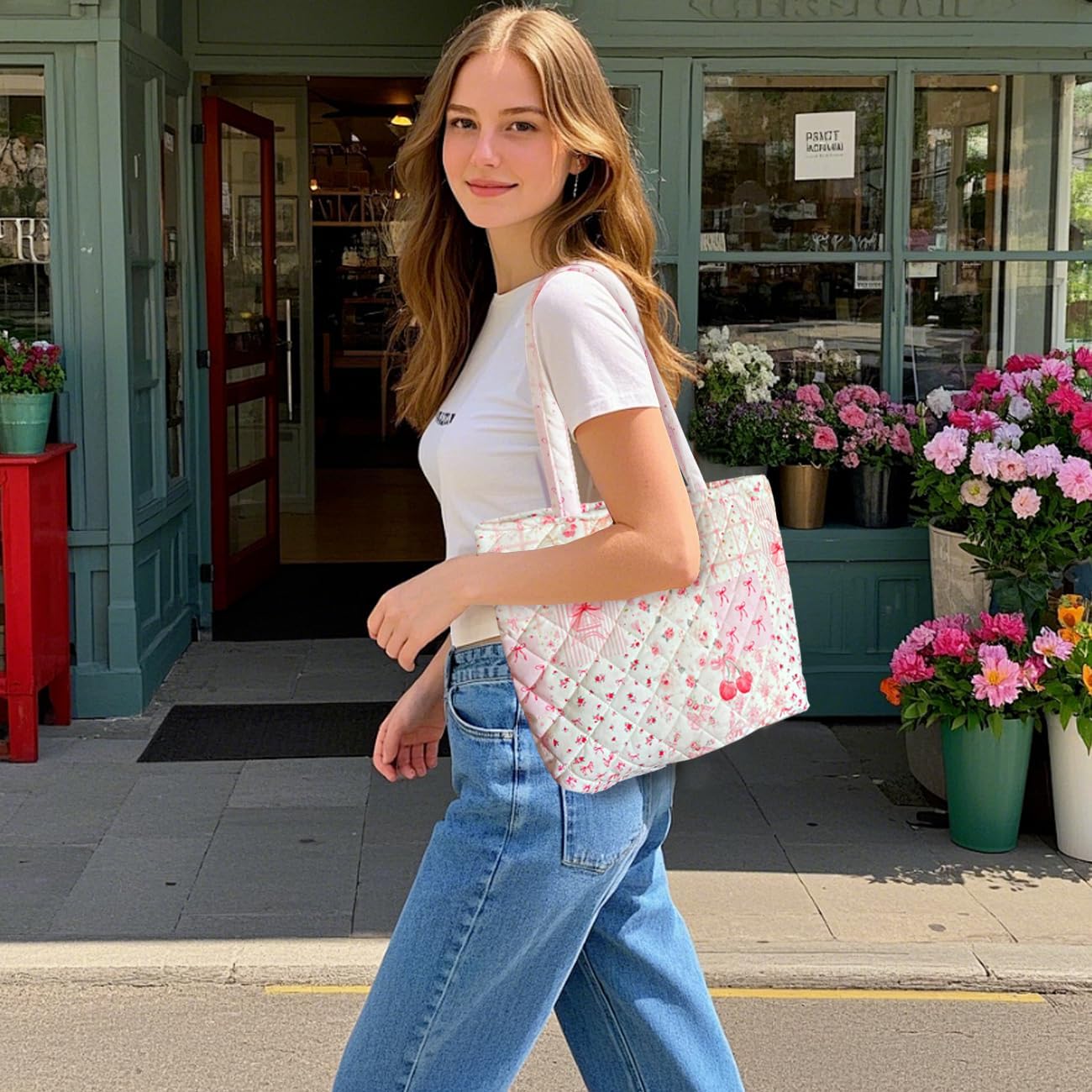 Sunwel Fashion Top Zipper Floral Quilted Bag Small Tote Bag for Women
