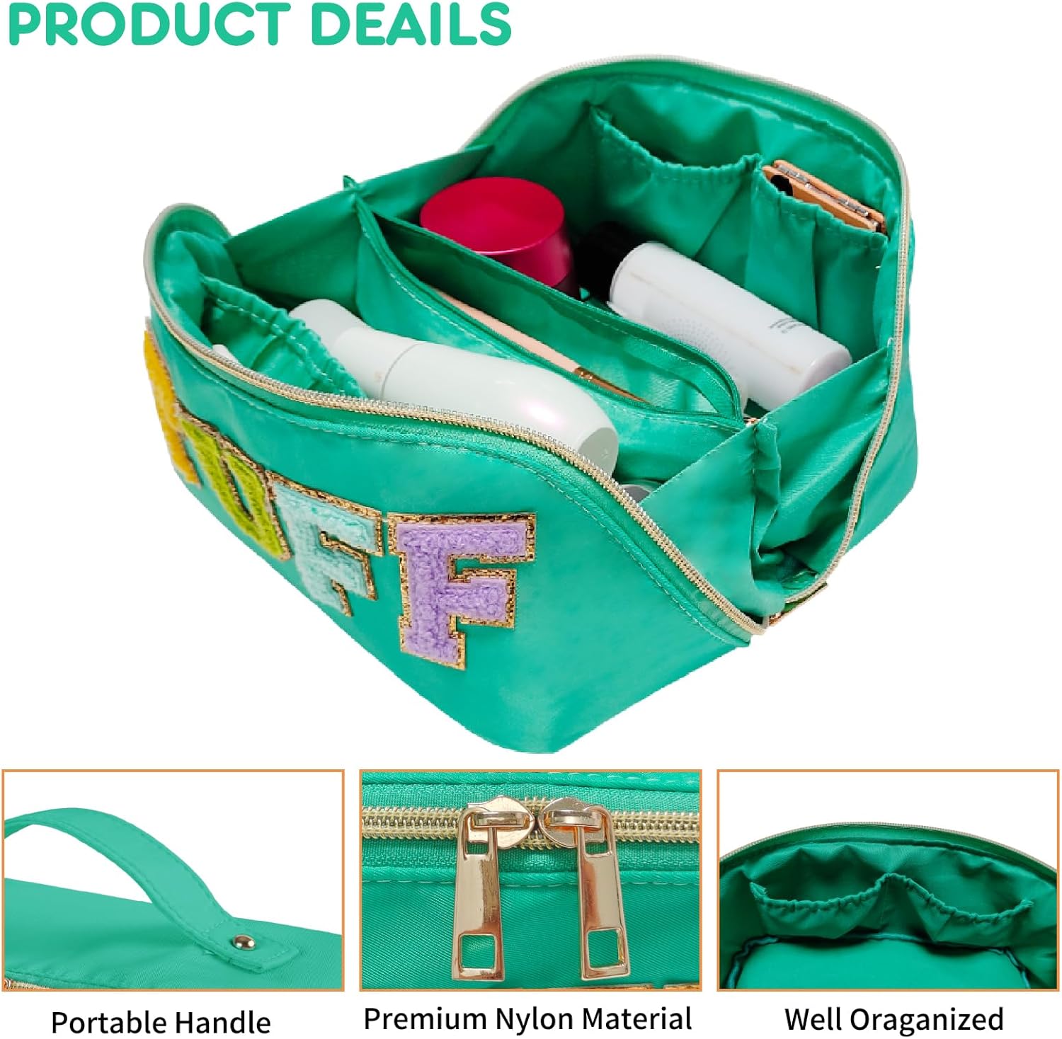 Preppy Stuff Makeup Bag, Stoney Clover Travel Toiletry Bag Chenille Letter Make Up Bags Girls Cute Cosmetic Bag Stuff Pouch Wedding Birthday Stocking Stuffers for Gifts (Green) - Image 3