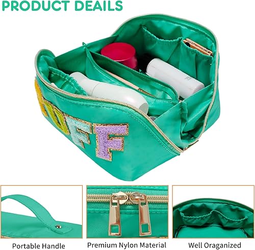 Miniatura 3 de Preppy Stuff - Bolsa de maquillaje, bolsa de aseo de viaje con trébol de piedra, bolsa de maquillaje con letras de chenilla, bolsa de maquillaje