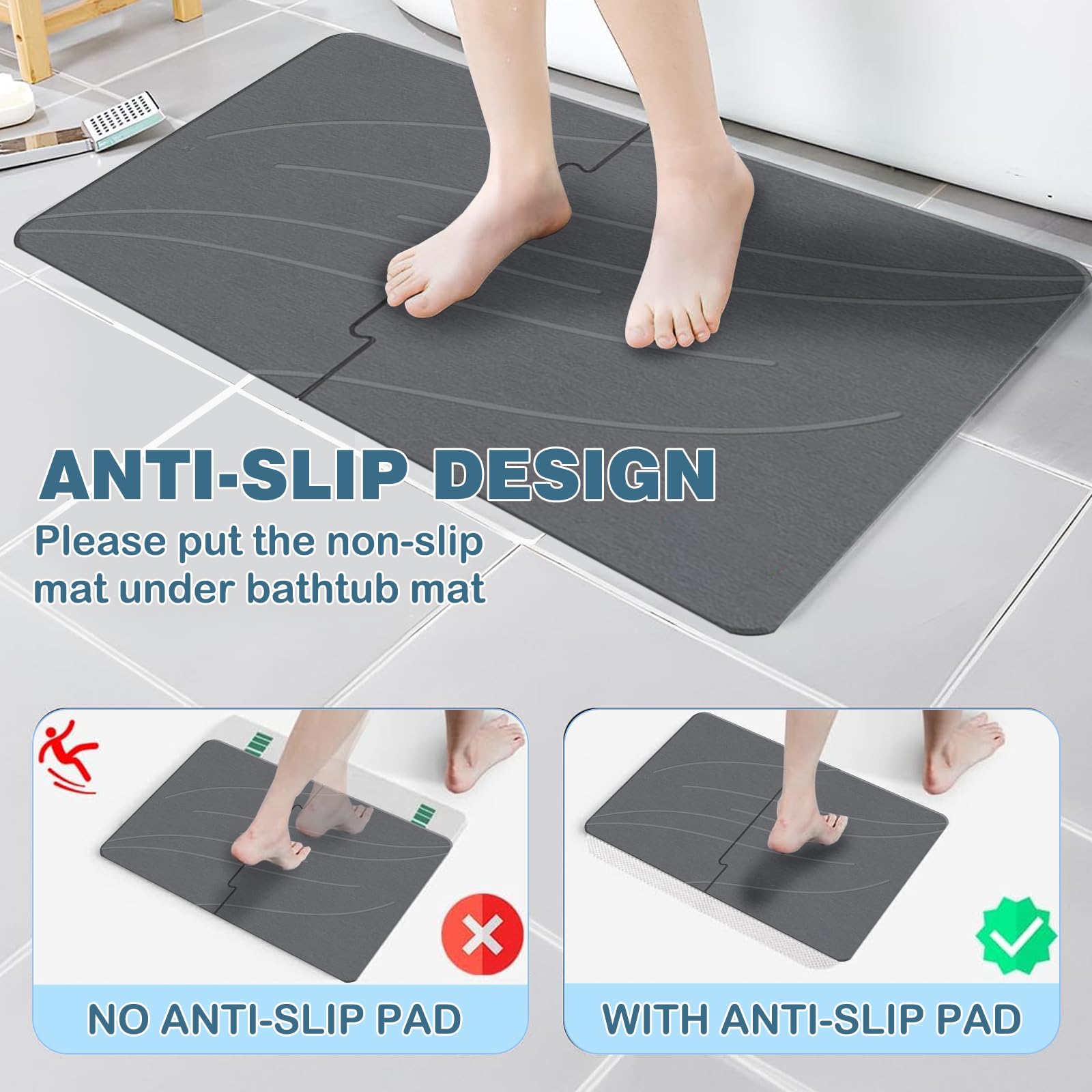 Badematte Stein, Duschvorleger Schnelltrocknend, Diatomite Stone Bath Mat, rutschfest Duschmatte, Super Saugfähig Badezimmermatte, 60 x 39 cm