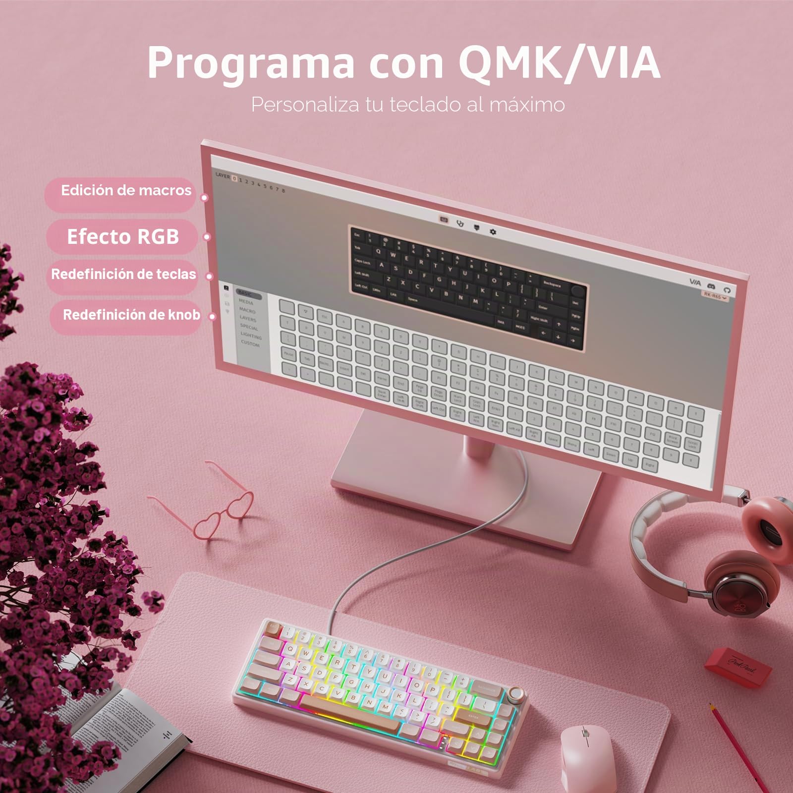 RK ROYAL KLUDGE Teclado mecánico con cable R65 con perilla de volumen, 60% RGB retroiluminado para juegos con teclas PBT, perfil MDA, QMK/VIA, interruptor crema intercambiable en caliente de 66 teclas