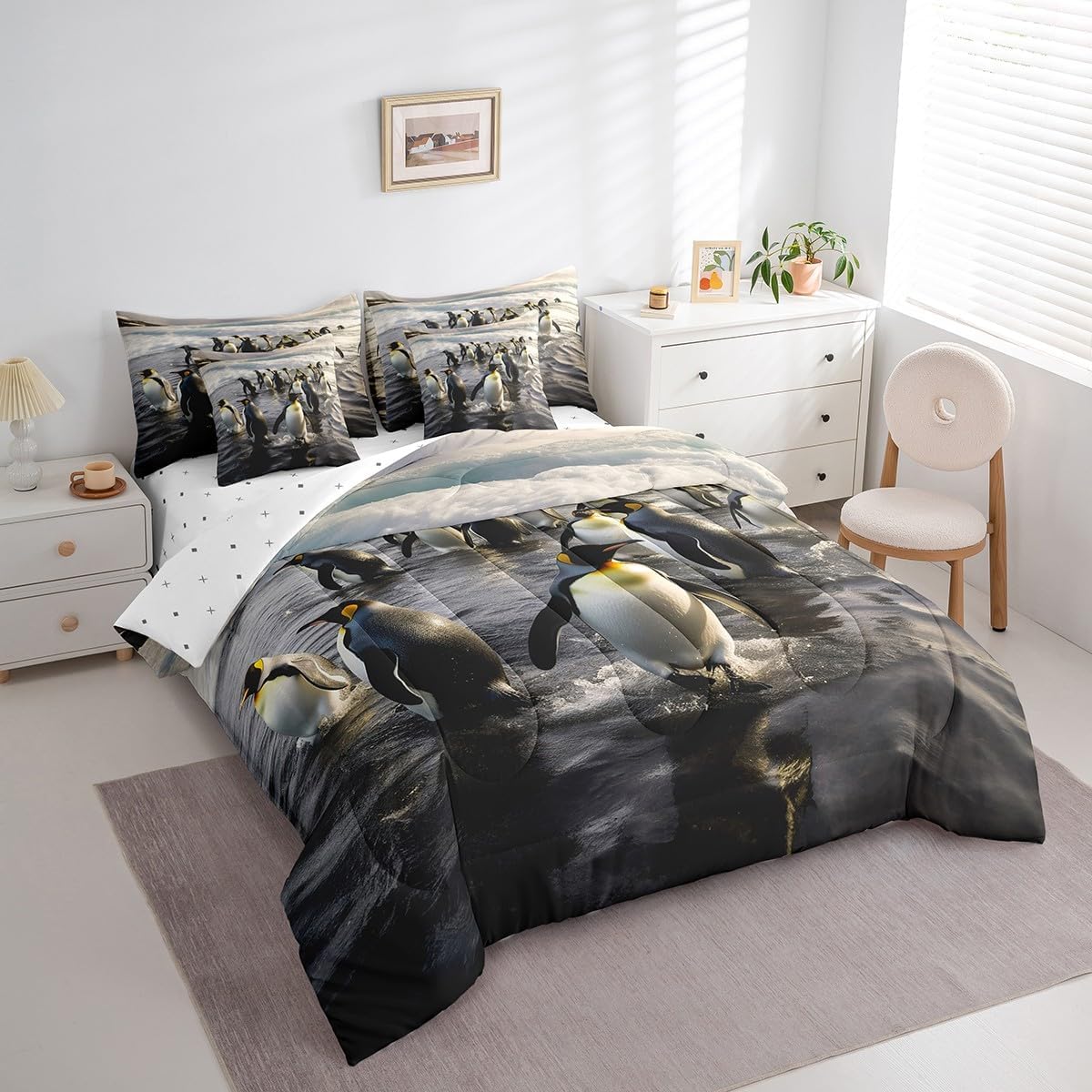 Feelyou Kids Penguin Comforter Set with Sheets Queen, Cute Penguin 7 Piece Bedding Set Toddler Boys Girls Lovely Polar Animal Bed in a Bag Wildlife Bed Set Kids Room Decor