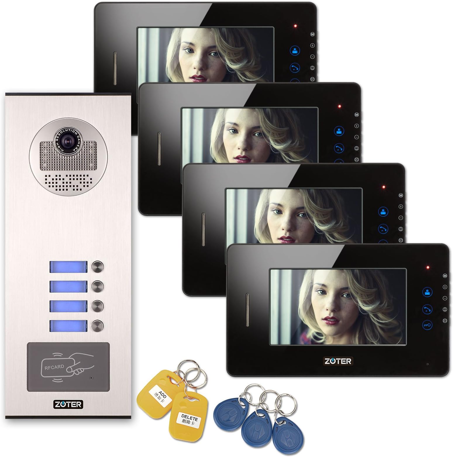 SOTER SECURITY Wired 7" Inch TFT LCD Color Touch Key Screen Monitor 600TVL HD Camera Video Door Bell Phone Intercom RFID Card Access Control Home Gate Security System for 4 Families Apartment
