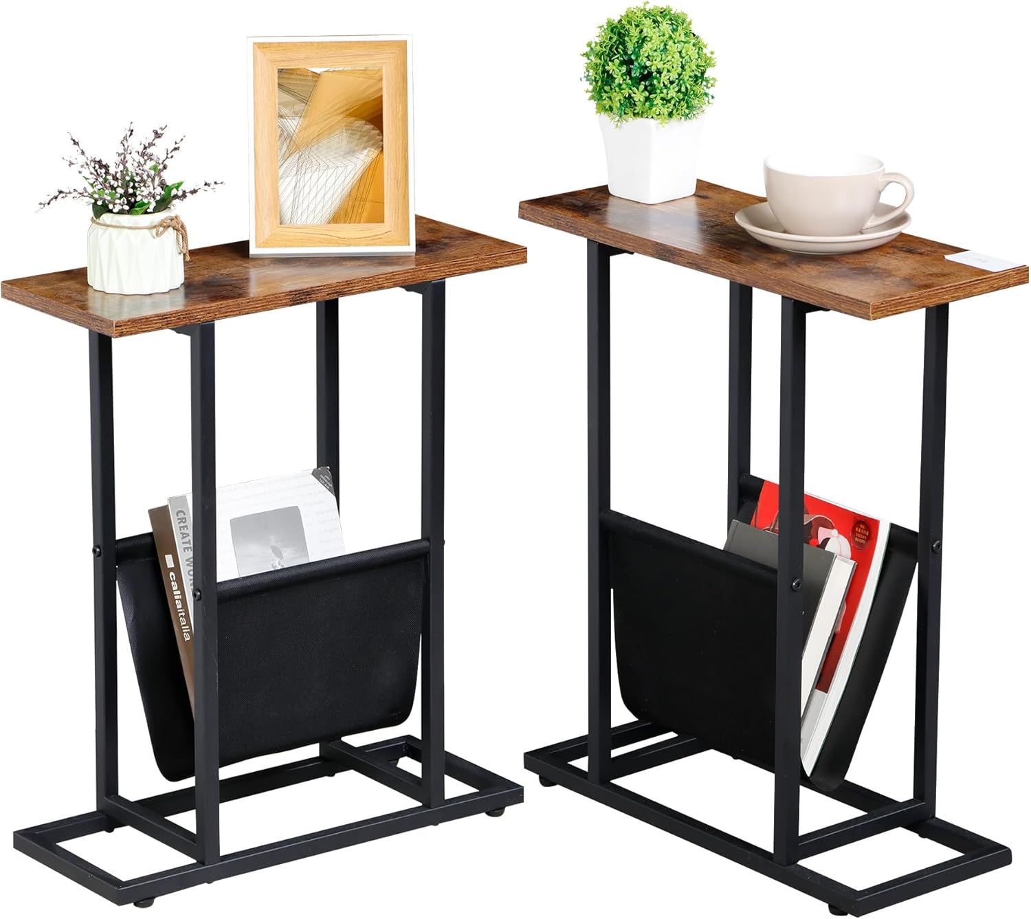 SUPER DEAL Side Table with Magazine Holder Sling Set of 2 Narrow End Table Slim Nightstand Accent Table with Heavy Duty Metal Frame for Small Spaces, Easy Assembly, Rustic Brown and Black