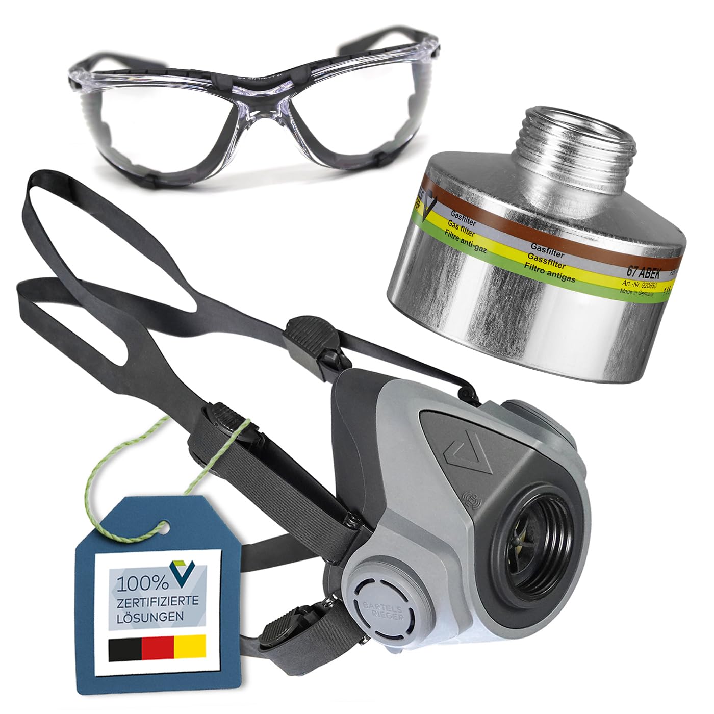 Atemschutz-Set Silikon Halbmaske BariMask HF + ABEK-Filter + Schutzbrille | Silikon Atemschutzmaske BarMask HF – wiederverwendbar & komfortabel. Set inkl. Atemschutzfilter 67 ABEK & Schutzbrille