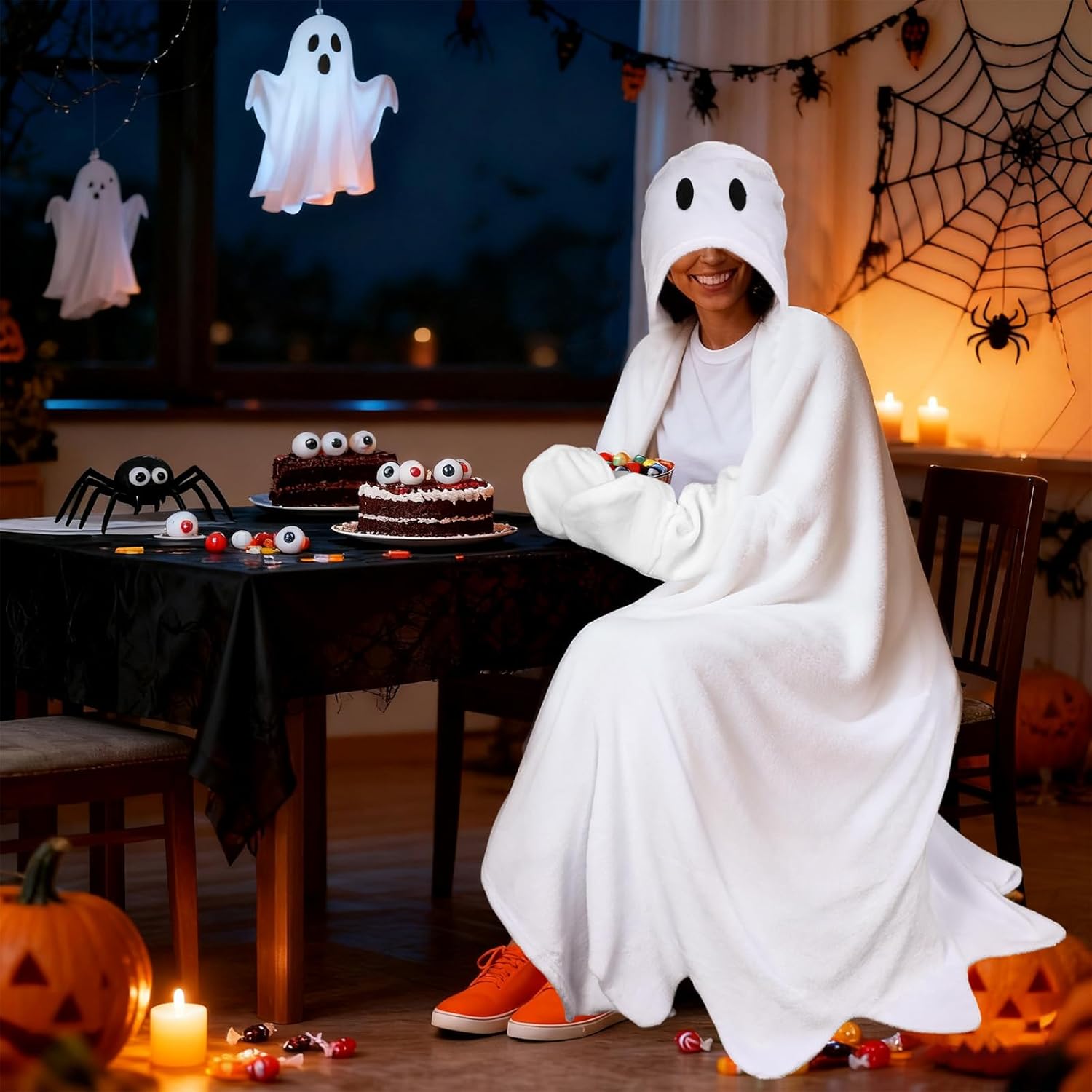 Peryiter Ghost Plush Hooded Wearable Blanket for Adults - Plush Wrap Throw Warm Blanket Winter Cape Gift for Women Men - Image 6